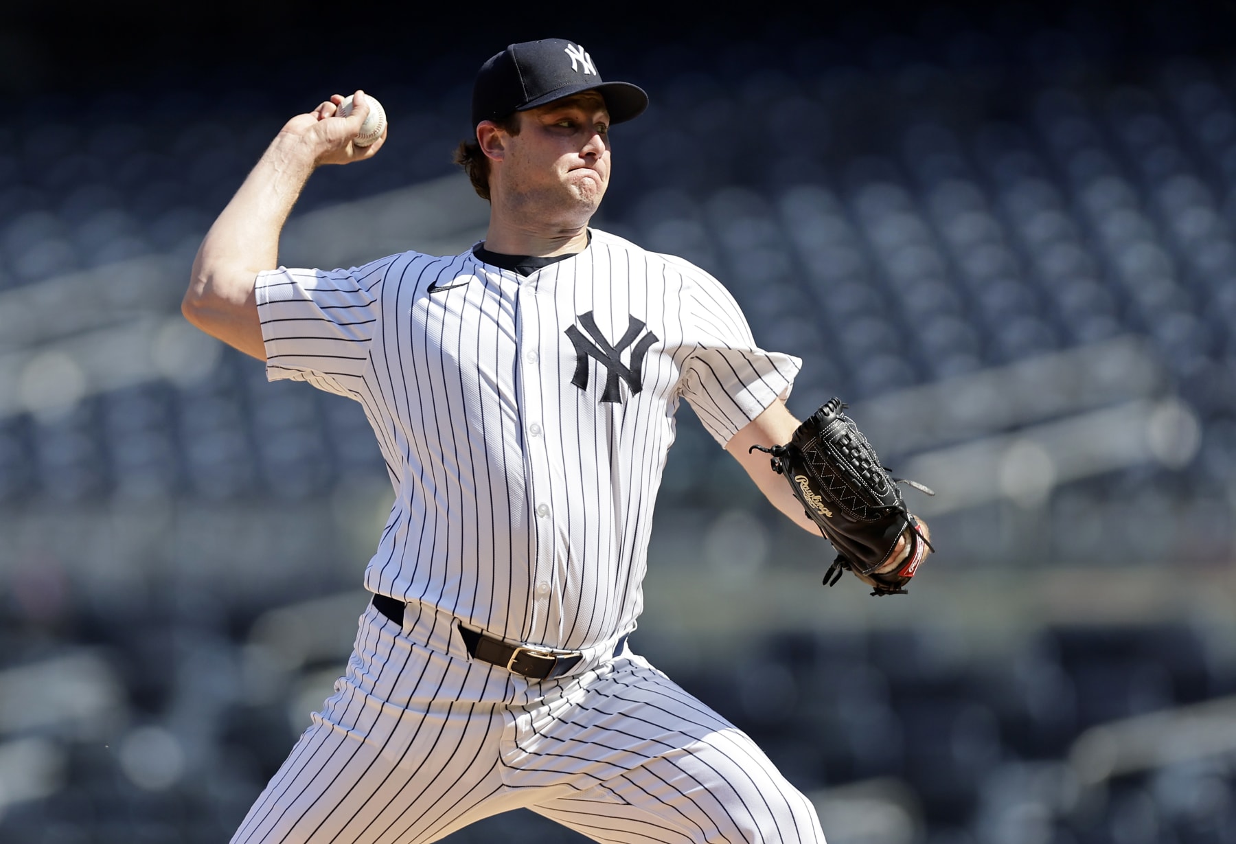 NEW YORK, NEW YORK - MAY 21: Gerrit Cole #45 of the New York Yankees throws from the mound before a game against the Seattle Mariners at Yankee Stadium on May 21, 2024 in New York City. The Mariners defeated the Yankees 6-3. (Photo by Jim McIsaac/Getty Images)