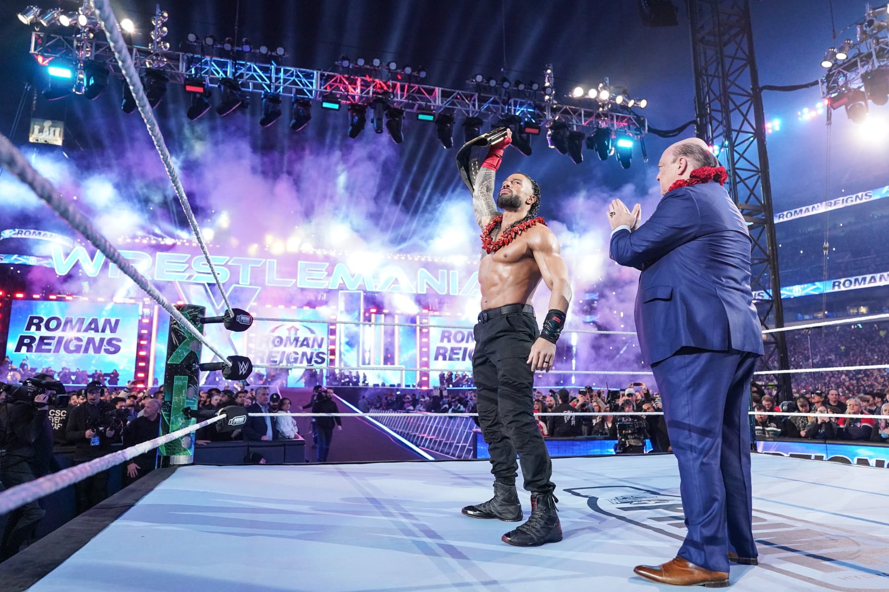 PHILADELPHIA, PENNSYLVANIA - APRIL 7: Roman Reigns and Paul Heyman enters the ring during Night Two of WrestleMania 40 at Lincoln Financial Field on April 7, 2024 in Philadelphia, Pennsylvania. (Photo by WWE/Getty Images)