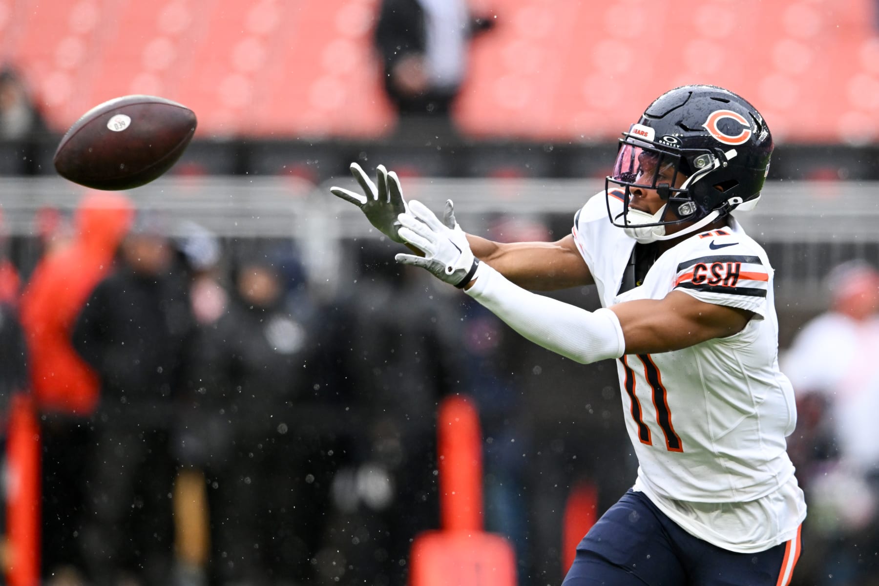 CLEVELAND, OHIO - DECEMBER 17: Darnell Mooney #11 of the Chicago Bears warms up prior to a game against the Cleveland Browns at Cleveland Browns Stadium on December 17, 2023 in Cleveland, Ohio. (Photo by Nick Cammett/Diamond Images via Getty Images)