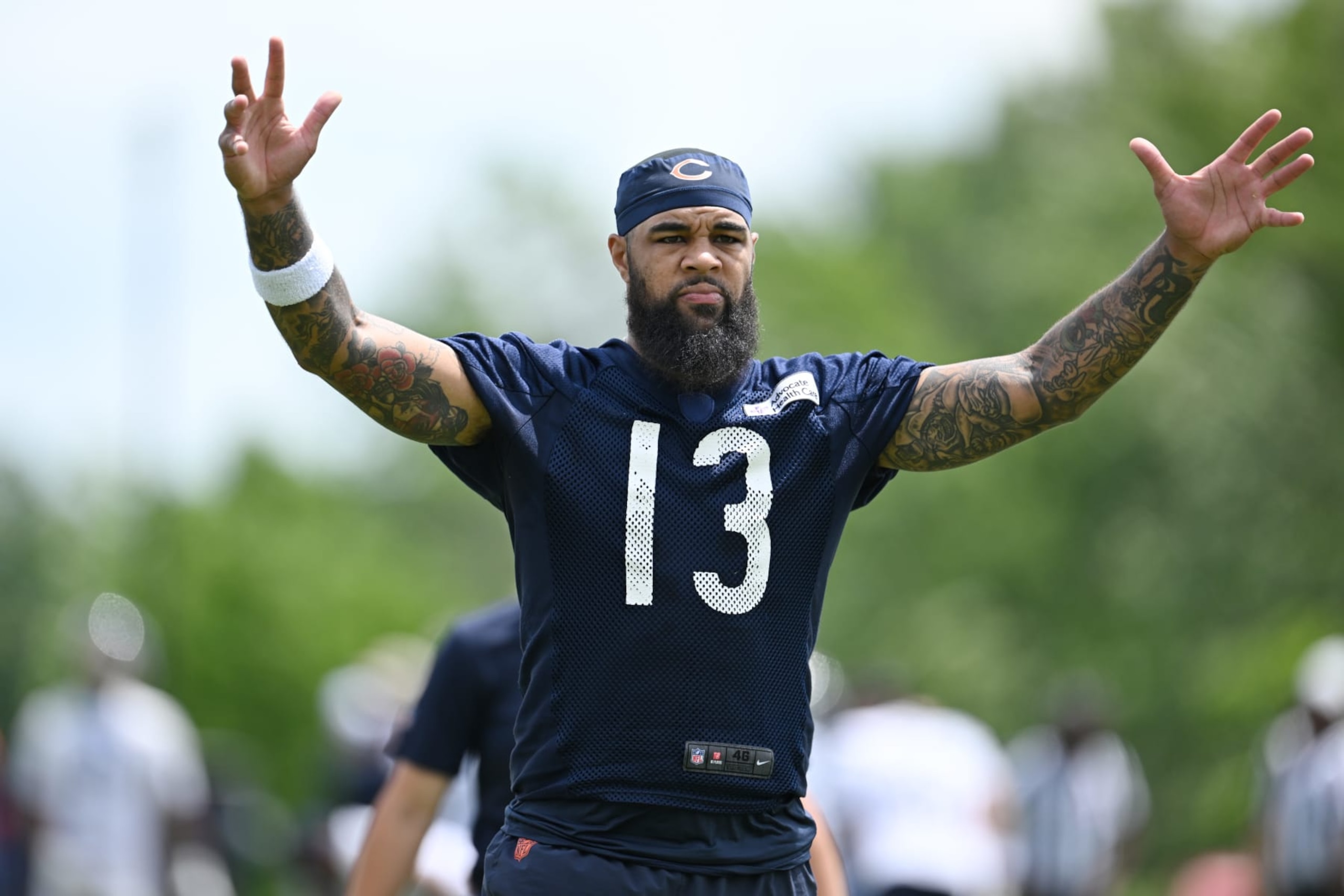 LAKE FOREST, ILLINOIS - JUNE 05: Keenan Allen #13 of the Chicago Bears pactices during the Chicago Bears mandatory minicamp at Halas Hall on June 05, 2024 in Lake Forest, Illinois. (Photo by Quinn Harris/Getty Images)