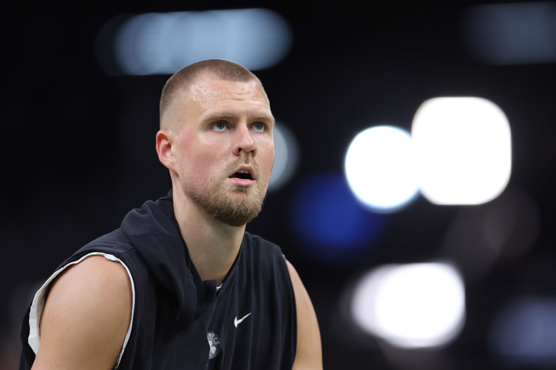 BOSTON, MASSACHUSETTS - JUNE 17: Kristaps Porzingis #8 of the Boston Celtics warms up before Game Five of the 2024 NBA Finals against the Dallas Mavericksat TD Garden on June 17, 2024 in Boston, Massachusetts. NOTE TO USER: User expressly acknowledges and agrees that, by downloading and or using this photograph, User is consenting to the terms and conditions of the Getty Images License Agreement. (Photo by Adam Glanzman/Getty Images)