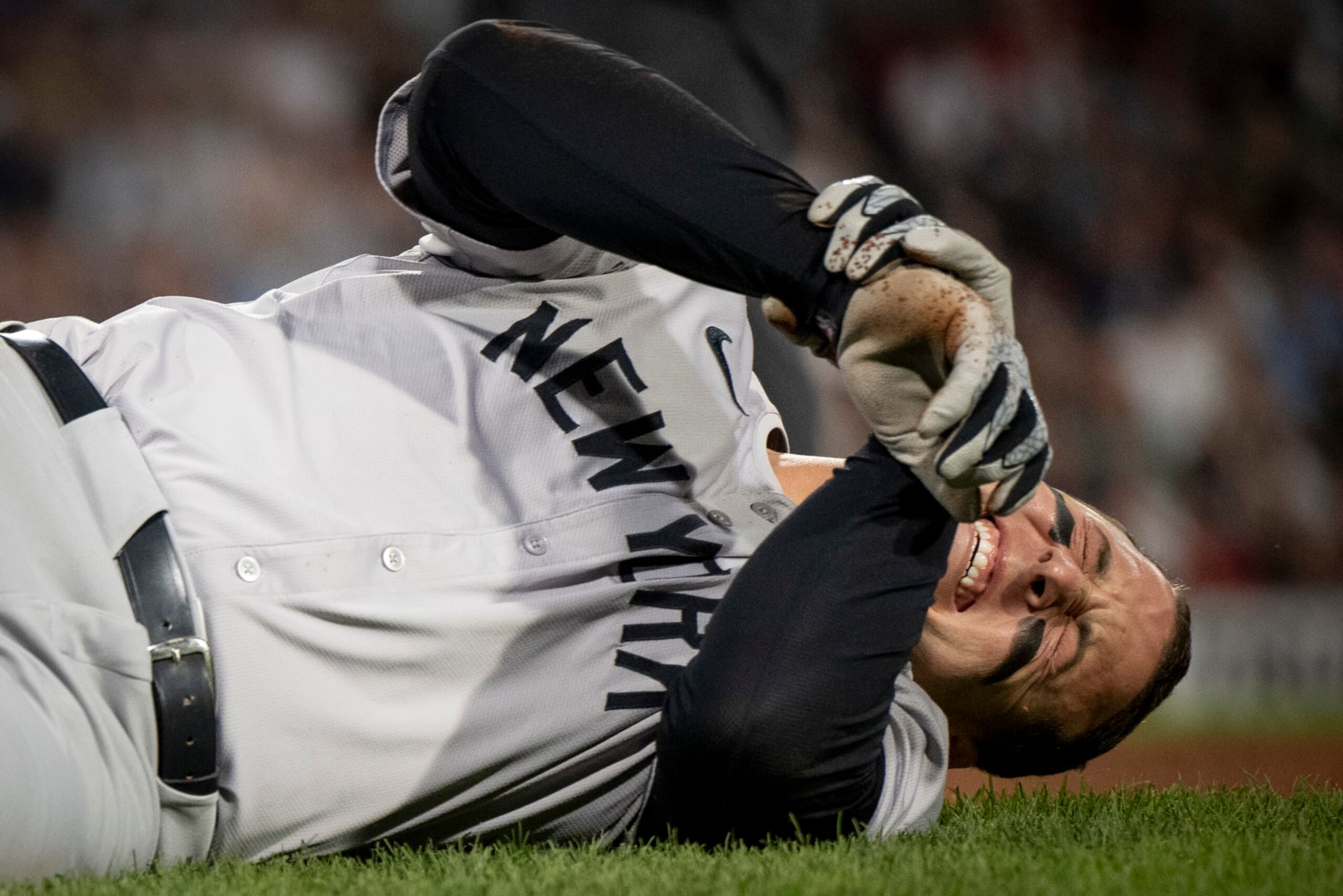 BOSTON, MA - JUNE 16: Anthony Rizzo #48 of the New York Yankees reacts after a collision at first base during a game against the New York Yankees on June 16, 2024 at Fenway Park in Boston, Massachusetts. (Photo by Maddie Malhotra/Boston Red Sox/Getty Images) BOSTON, MA - JUNE 16: Anthony Rizzo #48 of the New York Yankees reacts after a collision at first base during a game against the New York Yankees on June 16, 2024 at Fenway Park in Boston, Massachusetts. (Photo by Maddie Malhotra/Boston Red Sox/Getty Images)