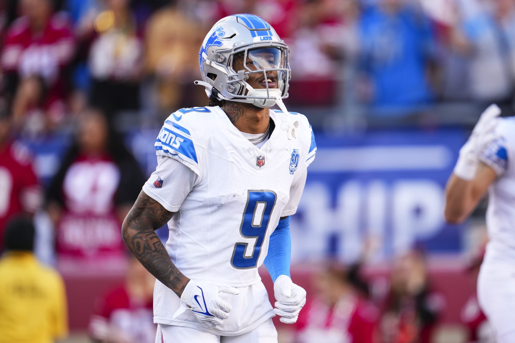 SANTA CLARA, CA - JANUARY 28: Jameson Williams #9 of the Detroit Lions runs out of the tunnel prior to the NFC Championship NFL football game against the San Francisco 49ers at Levi's Stadium on January 28, 2024 in Santa Clara, California. (Photo by Cooper Neill/Getty Images)