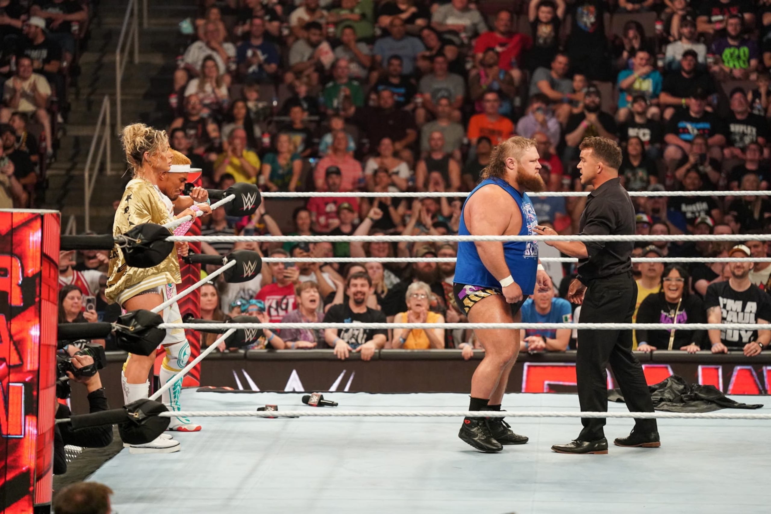 HERSHEY, PENNSYLVANIA - JUNE 3: Otis confronts Chad Gable during Monday Night RAW at Giant Center on June 3, 2024 in Hershey, Pennsylvania.  (Photo by WWE/Getty Images)