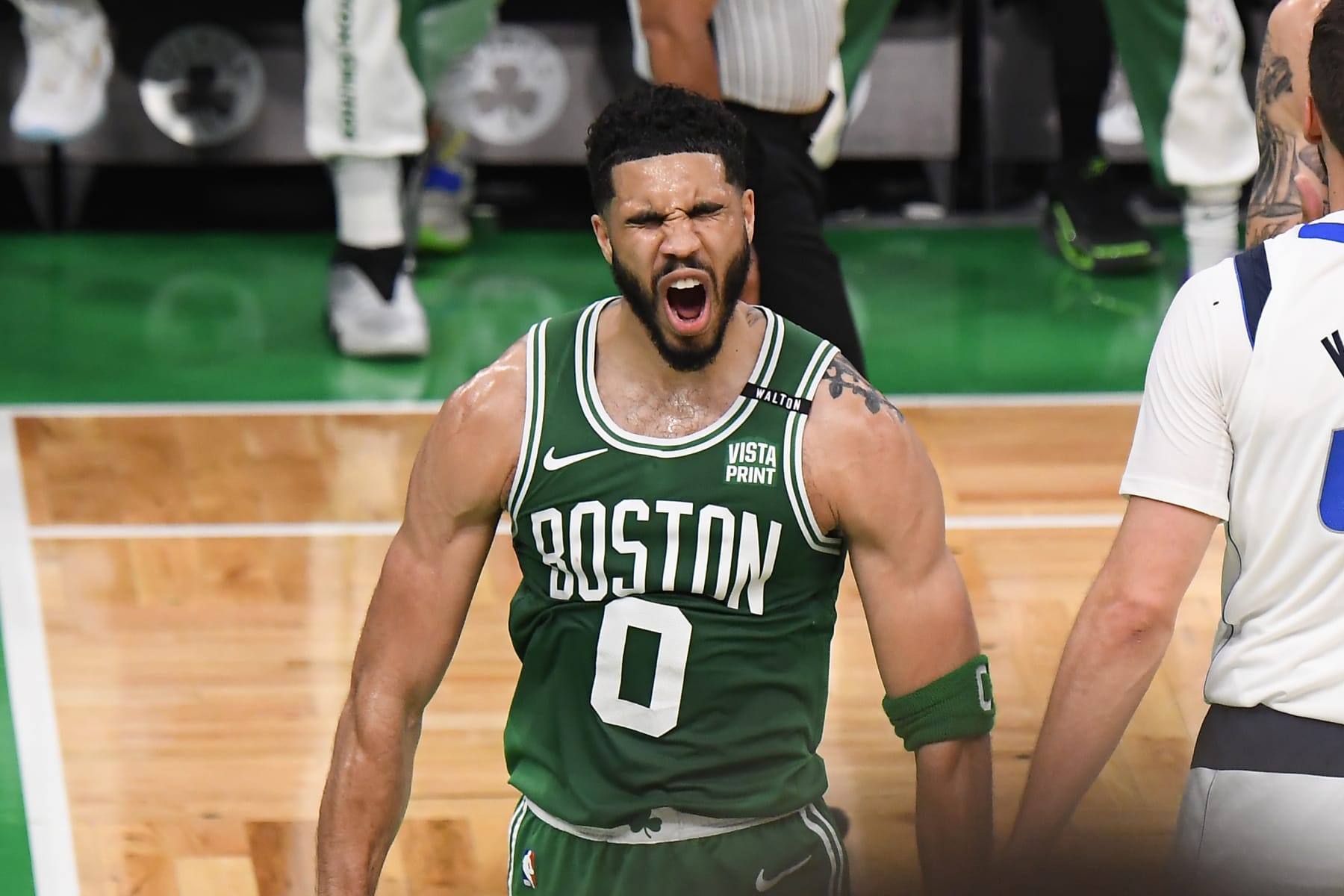 BOSTON, MA - JUNE 17: Jayson Tatum #0 of the Boston Celtics celebrates during the game against the Dallas Mavericks during Game 5 of the 2024 NBA Finals on June 17, 2024 at the TD Garden in Boston, Massachusetts. NOTE TO USER: User expressly acknowledges and agrees that, by downloading and or using this photograph, User is consenting to the terms and conditions of the Getty Images License Agreement. Mandatory Copyright Notice: Copyright 2024 NBAE  (Photo by Brian Babineau/NBAE via Getty Images)
