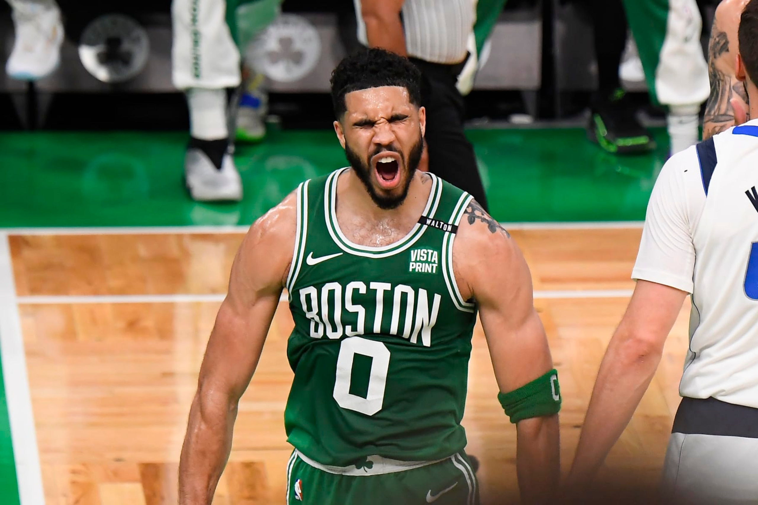 BOSTON, MA - JUNE 17: Jayson Tatum #0 of the Boston Celtics celebrates during the game against the Dallas Mavericks during Game 5 of the 2024 NBA Finals on June 17, 2024 at the TD Garden in Boston, Massachusetts. NOTE TO USER: User expressly acknowledges and agrees that, by downloading and or using this photograph, User is consenting to the terms and conditions of the Getty Images License Agreement. Mandatory Copyright Notice: Copyright 2024 NBAE  (Photo by Brian Babineau/NBAE via Getty Images)