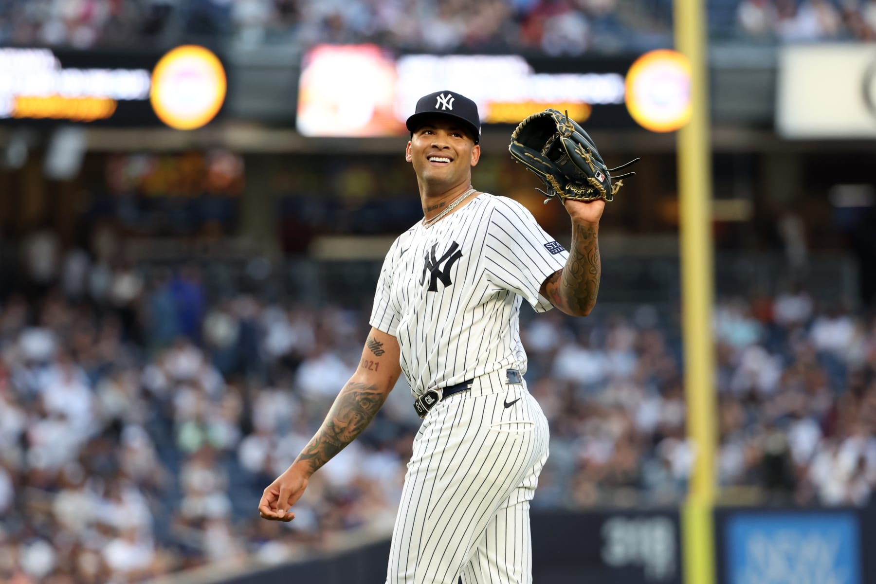 NEW YORK, NY - JUNE 4: Luis Gil #81 of the New York Yankees smiles during the game against the Minnesota Twins at Yankee Stadium on June 4, 2024, in New York, New York. (Photo by New York Yankees/Getty Images)