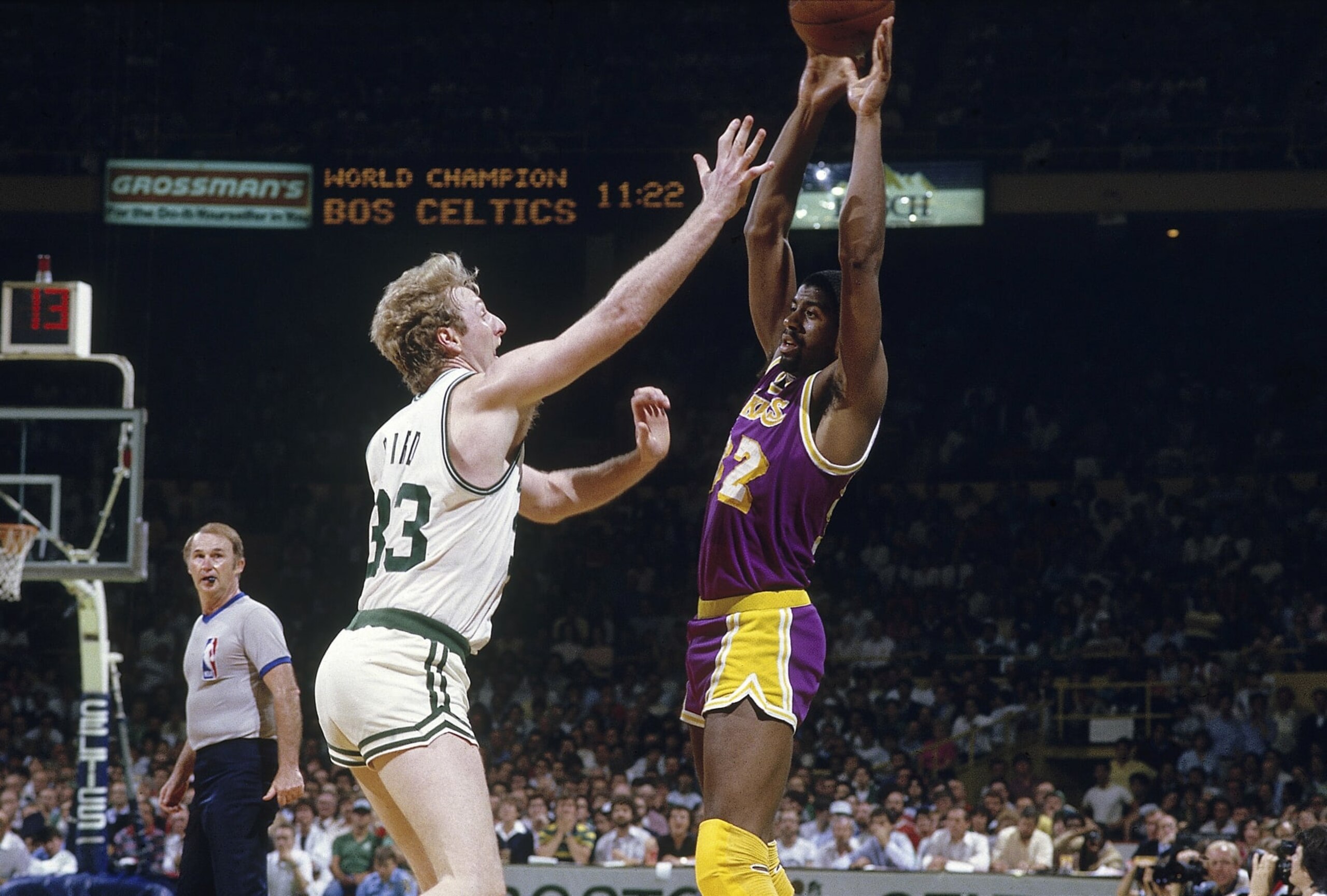 Basketball: NBA Finals: Los Angeles Lakers Earvin Magic Johnson (32) in action vs Boston Celtics Larry Bird (33) at Boston Garden. Game 1.
Boston, MA 5/27/1985
CREDIT: Manny Millan (Photo by Manny Millan /Sports Illustrated via Getty Images)
(Set Number: X31522 ) Basketball: NBA Finals: Los Angeles Lakers Earvin Magic Johnson (32) in action vs Boston Celtics Larry Bird (33) at Boston Garden. Game 1.
Boston, MA 5/27/1985
CREDIT: Manny Millan (Photo by Manny Millan /Sports Illustrated via Getty Images)
(Set Number: X31522 )