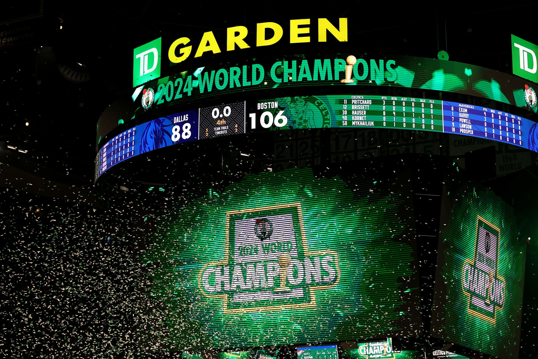BOSTON, MASSACHUSETTS - JUNE 17: The scoreboard is seen after the Boston Celtics defeated the Dallas Mavericks 106-88 during Game Five of the 2024 NBA Finals at TD Garden on June 17, 2024 in Boston, Massachusetts. NOTE TO USER: User expressly acknowledges and agrees that, by downloading and or using this photograph, User is consenting to the terms and conditions of the Getty Images License Agreement.  (Photo by Mike Lawrie/Getty Images)