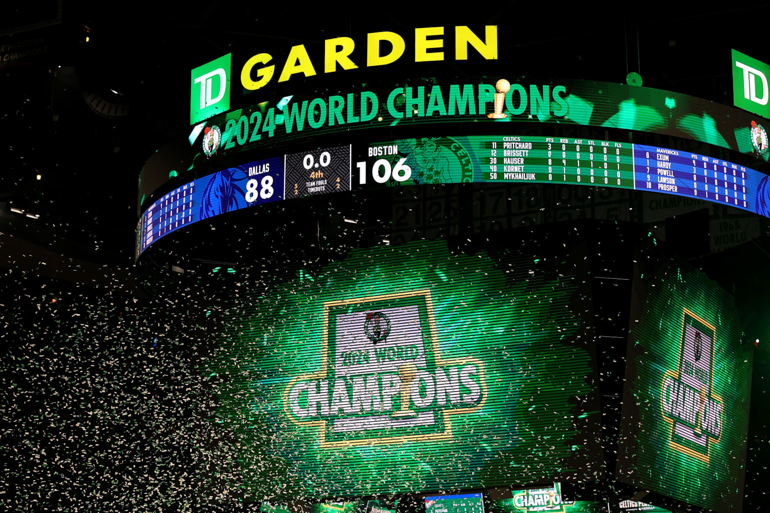BOSTON, MASSACHUSETTS - JUNE 17: The scoreboard is seen after the Boston Celtics defeated the Dallas Mavericks 106-88 during Game Five of the 2024 NBA Finals at TD Garden on June 17, 2024 in Boston, Massachusetts. NOTE TO USER: User expressly acknowledges and agrees that, by downloading and or using this photograph, User is consenting to the terms and conditions of the Getty Images License Agreement.  (Photo by Mike Lawrie/Getty Images)