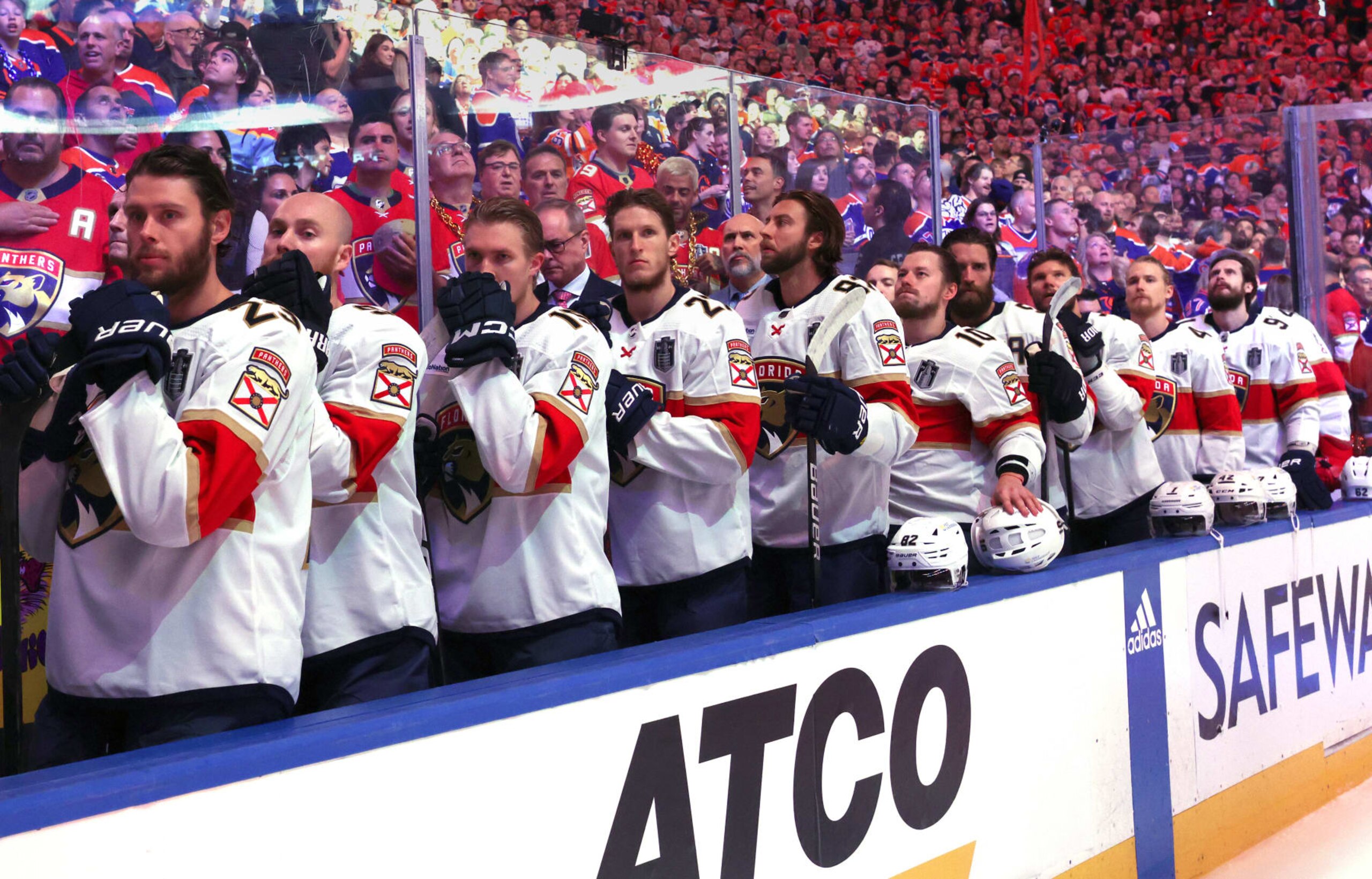EDMONTON, ALBERTA - JUNE 15: Florida Panthers bench is seen during the national anthem before Game Four of the 2024 Stanley Cup Final between the Florida Panthers and the Edmonton Oilers at Rogers Place on June 15, 2024 in Edmonton, Alberta. (Photo by Dave Sandford/NHLI via Getty Images) EDMONTON, ALBERTA - JUNE 15: Florida Panthers bench is seen during the national anthem before Game Four of the 2024 Stanley Cup Final between the Florida Panthers and the Edmonton Oilers at Rogers Place on June 15, 2024 in Edmonton, Alberta. (Photo by Dave Sandford/NHLI via Getty Images)