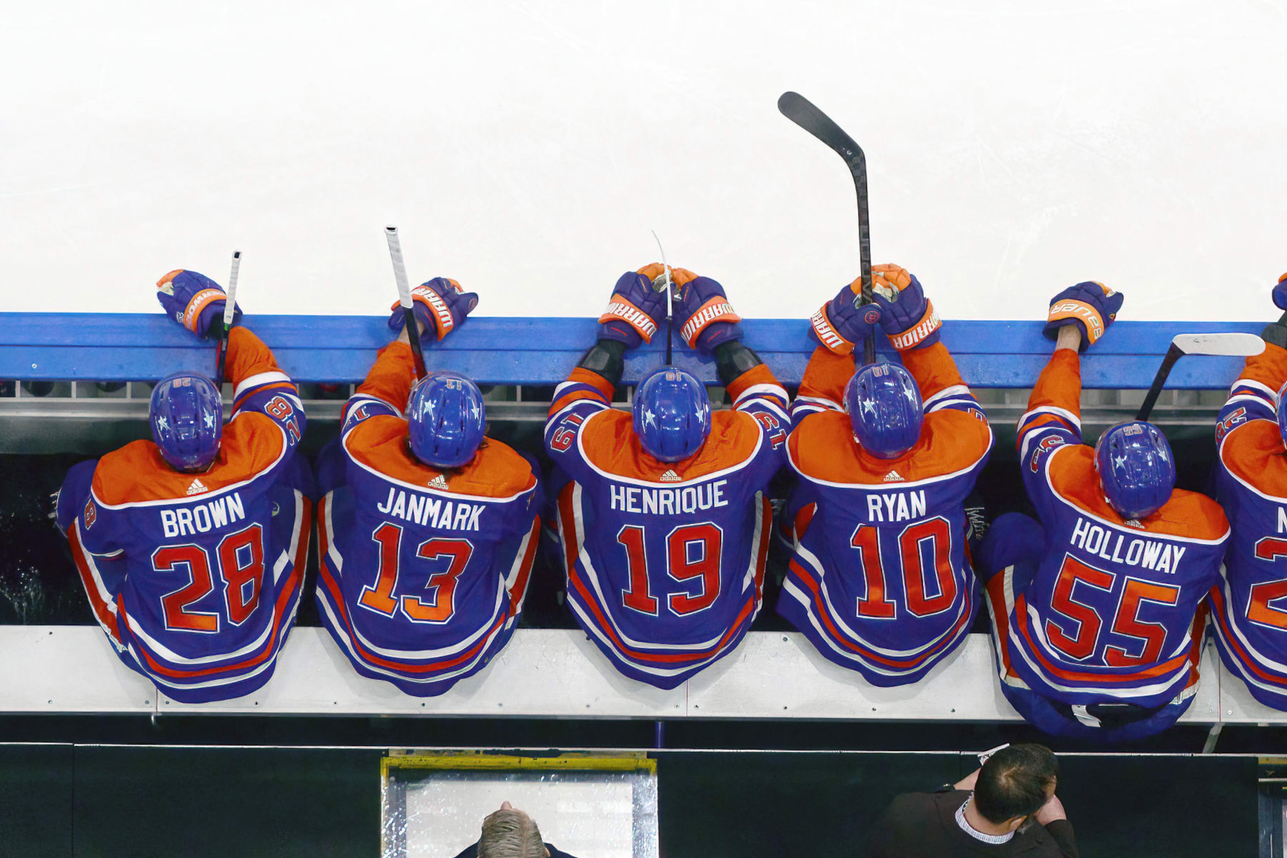 EDMONTON, CANADA - JUNE 15: Connor Brown #28, Mattias Janmark #13, Adam Henrique #19, Derek Ryan #10 and Dylan Holloway #55 of the Edmonton Oilers look on from the bench during Game Four of the 2024 Stanley Cup Final against the Florida Panthers at Rogers Place on June 15, 2024, in Edmonton, Alberta, Canada. (Photo by Andy Devlin/NHLI via Getty Images) EDMONTON, CANADA - JUNE 15: Connor Brown #28, Mattias Janmark #13, Adam Henrique #19, Derek Ryan #10 and Dylan Holloway #55 of the Edmonton Oilers look on from the bench during Game Four of the 2024 Stanley Cup Final against the Florida Panthers at Rogers Place on June 15, 2024, in Edmonton, Alberta, Canada. (Photo by Andy Devlin/NHLI via Getty Images)