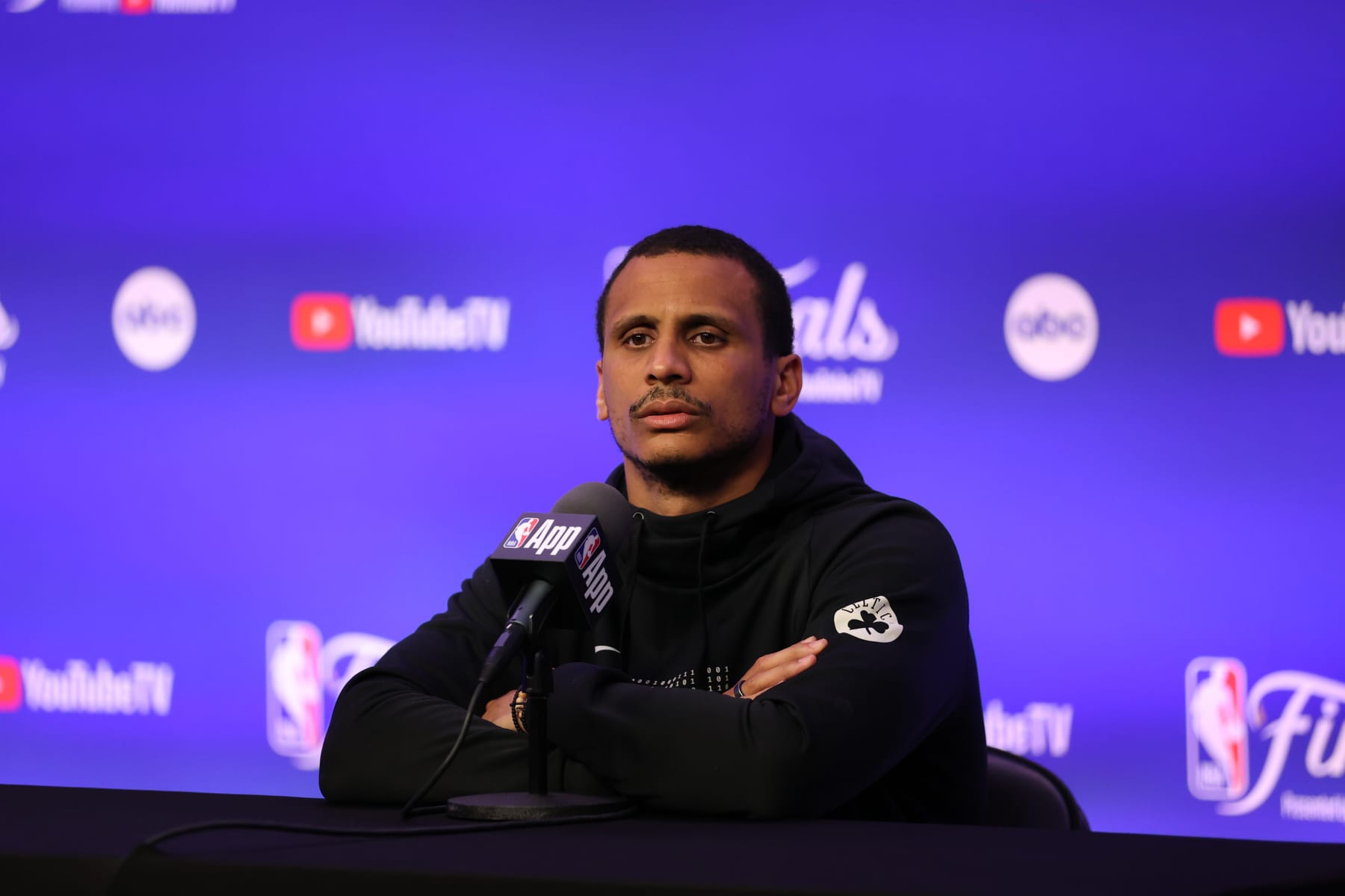 BOSTON, MA - JUNE 17: Head Coach Joe Mazzulla of the Boston Celtics speaks at a press conference before the game against the Dallas Mavericks during Game Five of the 2024 NBA Finals on June 17, 2024 at the TD Garden in Boston, Massachusetts. NOTE TO USER: User expressly acknowledges and agrees that, by downloading and or using this photograph, User is consenting to the terms and conditions of the Getty Images License Agreement. Mandatory Copyright Notice: Copyright 2024 NBAE  (Photo by Stephen Gosling/NBAE via Getty Images)