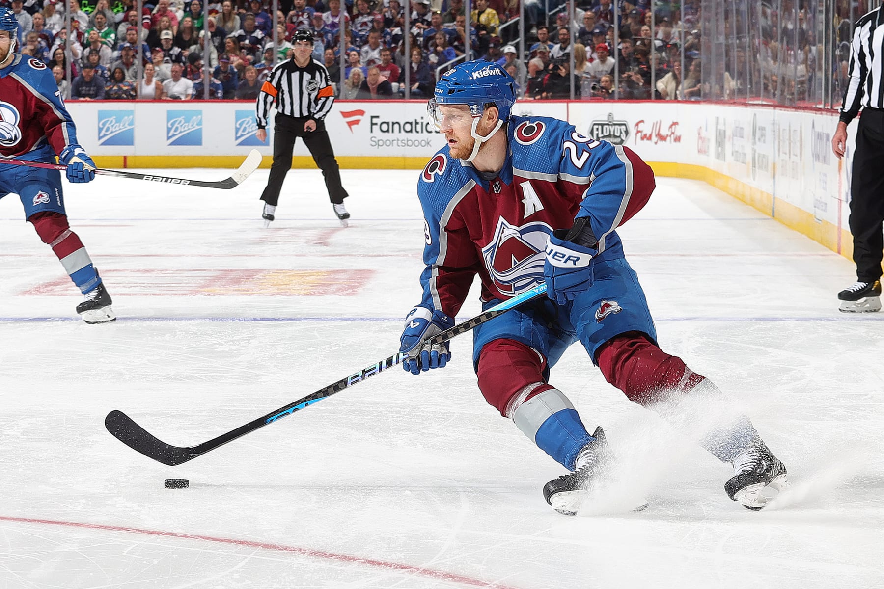 DENVER, COLORADO - MAY 17: Nathan MacKinnon #29 of the Colorado Avalanche skates against the Dallas Stars in Game Six of the Second Round of the 2024 Stanley Cup Playoffs at Ball Arena on May 17, 2024 in Denver, Colorado.  (Photo by Michael Martin/NHLI via Getty Images)