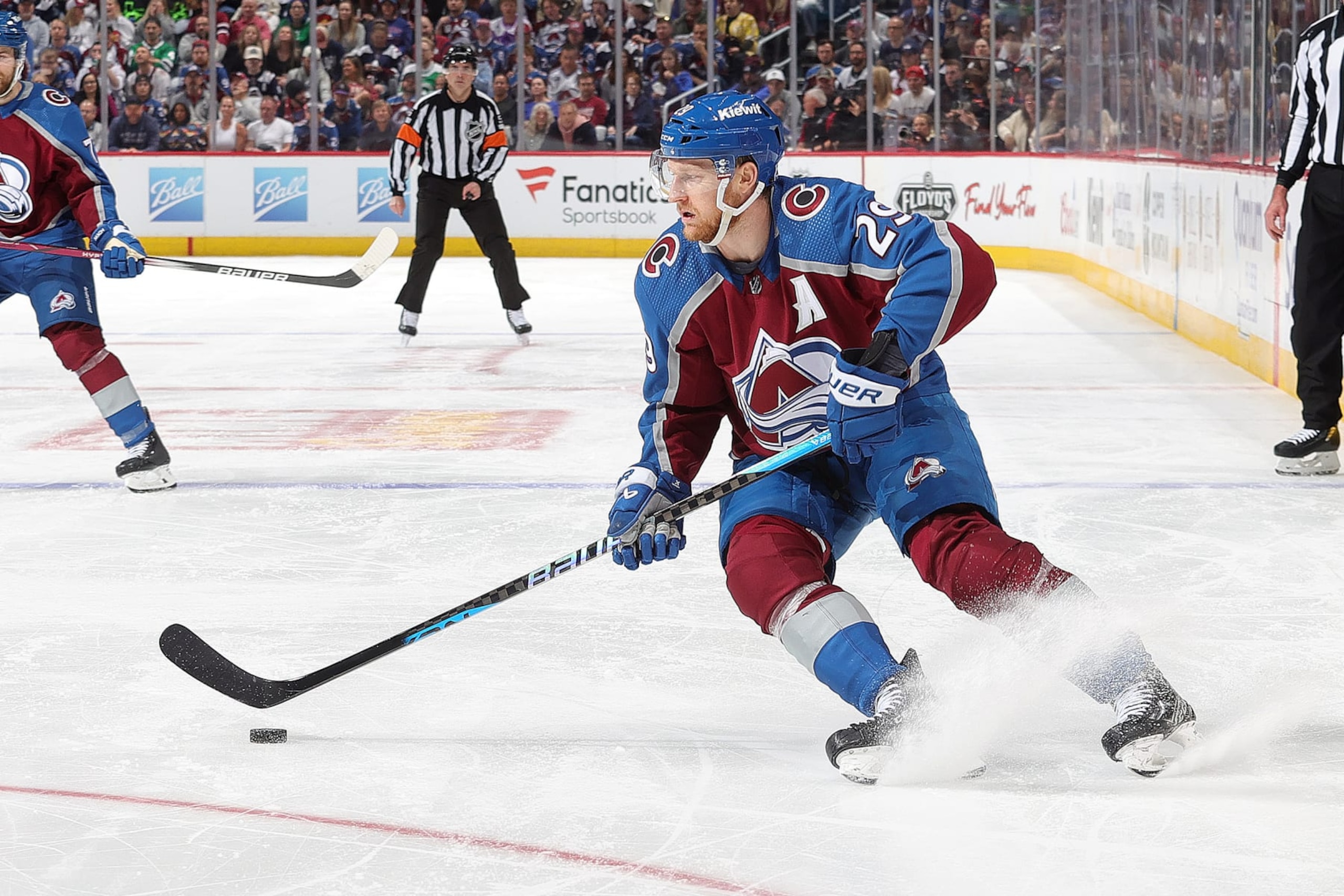 DENVER, COLORADO - MAY 17: Nathan MacKinnon #29 of the Colorado Avalanche skates against the Dallas Stars in Game Six of the Second Round of the 2024 Stanley Cup Playoffs at Ball Arena on May 17, 2024 in Denver, Colorado.  (Photo by Michael Martin/NHLI via Getty Images)