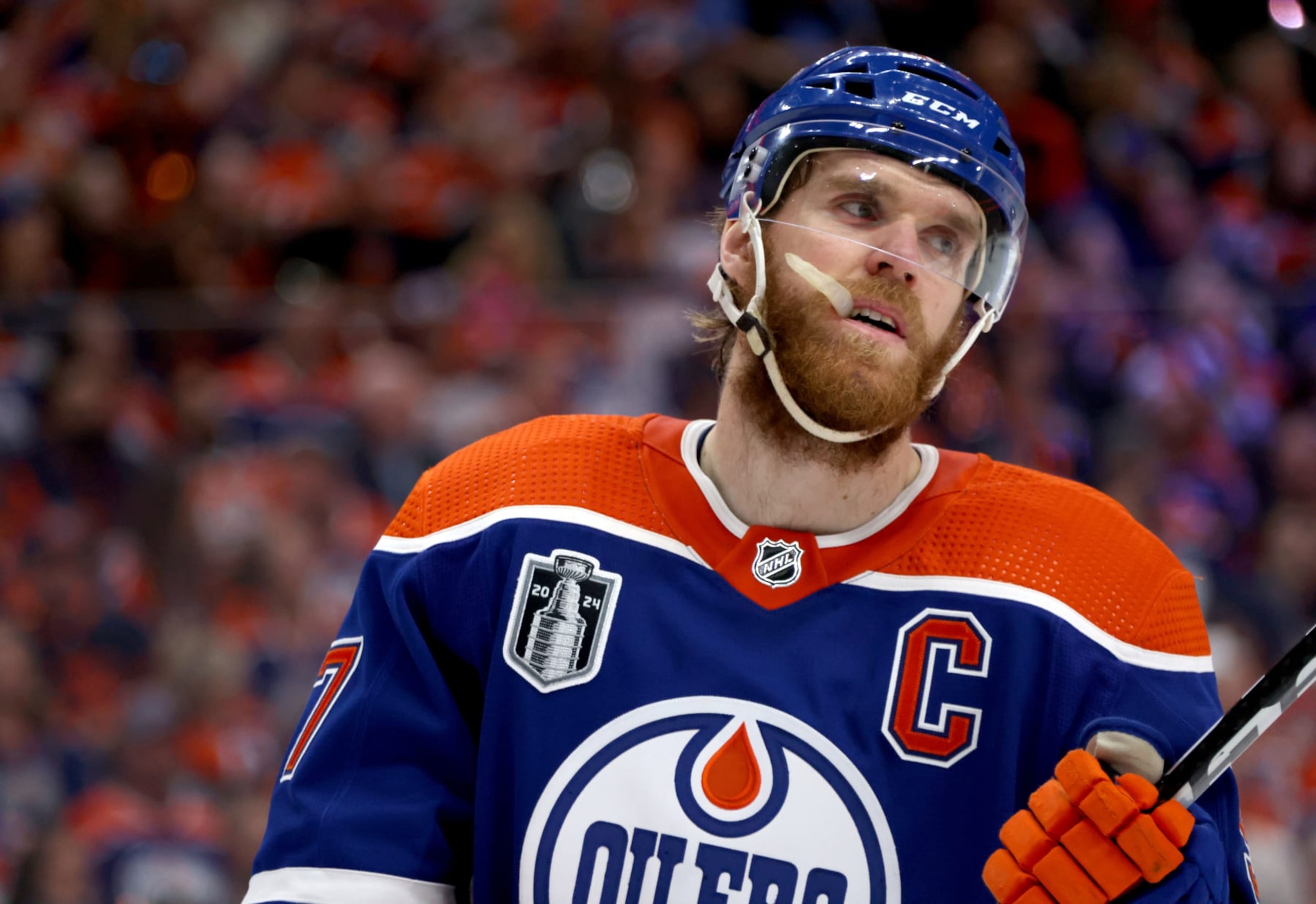 EDMONTON, ALBERTA - JUNE 15: Connor McDavid #97 of the Edmonton Oilers is seen during the first period of Game Four of the 2024 Stanley Cup Final between the Florida Panthers and the Edmonton Oilers at Rogers Place on June 15, 2024 in Edmonton, Alberta. (Photo by Dave Sandford/NHLI via Getty Images)