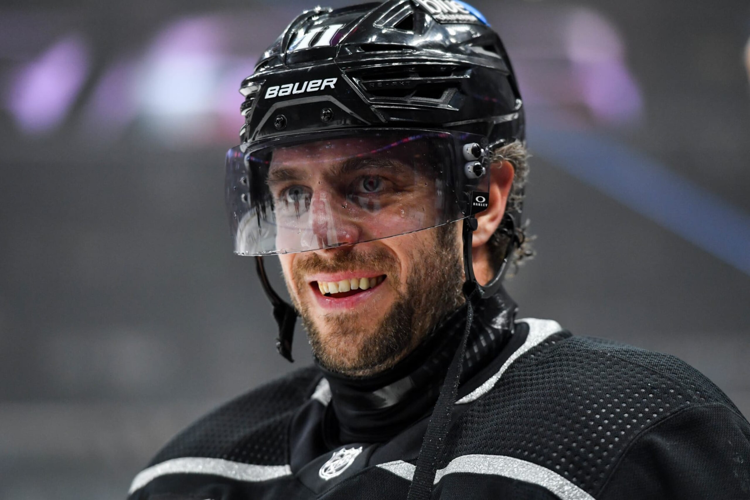LOS ANGELES, CA - APRIL 15: Anze Kopitar #11 of the Los Angeles Kings smiles  during warm ups prior to the game against the Minnesota Wild at Crypto.com Arena on April 15, 2024 in Los Angeles, California. (Photo by Juan Ocampo/NHLI via Getty Images)