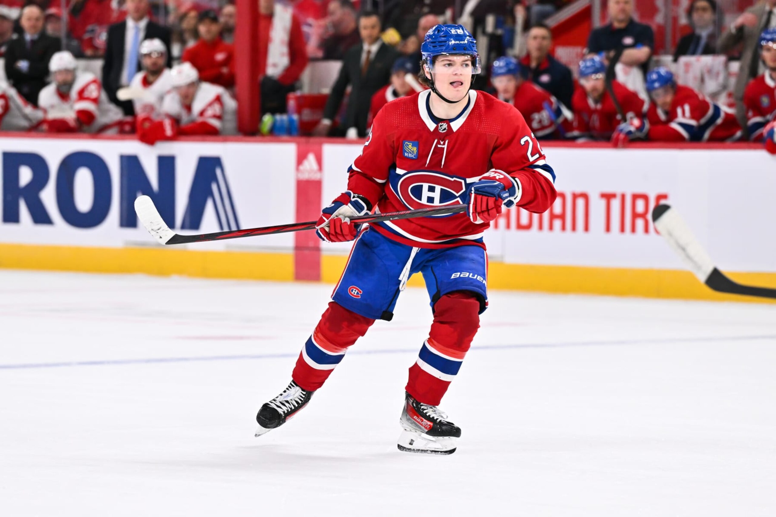 MONTREAL, CANADA - APRIL 16:  Cole Caufield #22 of the Montreal Canadiens skates during the first period against the Detroit Red Wings at the Bell Centre on April 16, 2024 in Montreal, Quebec, Canada.  The Detroit Red Wings defeated the Montreal Canadiens 5-4 in a shootout.  (Photo by Minas Panagiotakis/Getty Images)