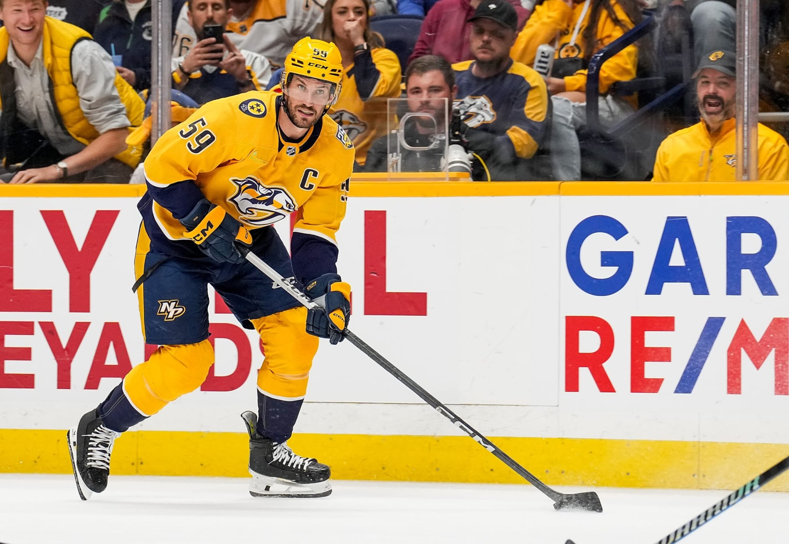 NASHVILLE, TENNESSEE - MAY 3: Roman Josi #59 of the Nashville Predators skates against the Vancouver Canucks in Game Six of the First Round of the 2024 Stanley Cup Playoffs at Bridgestone Arena on May 3, 2024 in Nashville, Tennessee. (Photo by John Russell/NHLI via Getty Images)