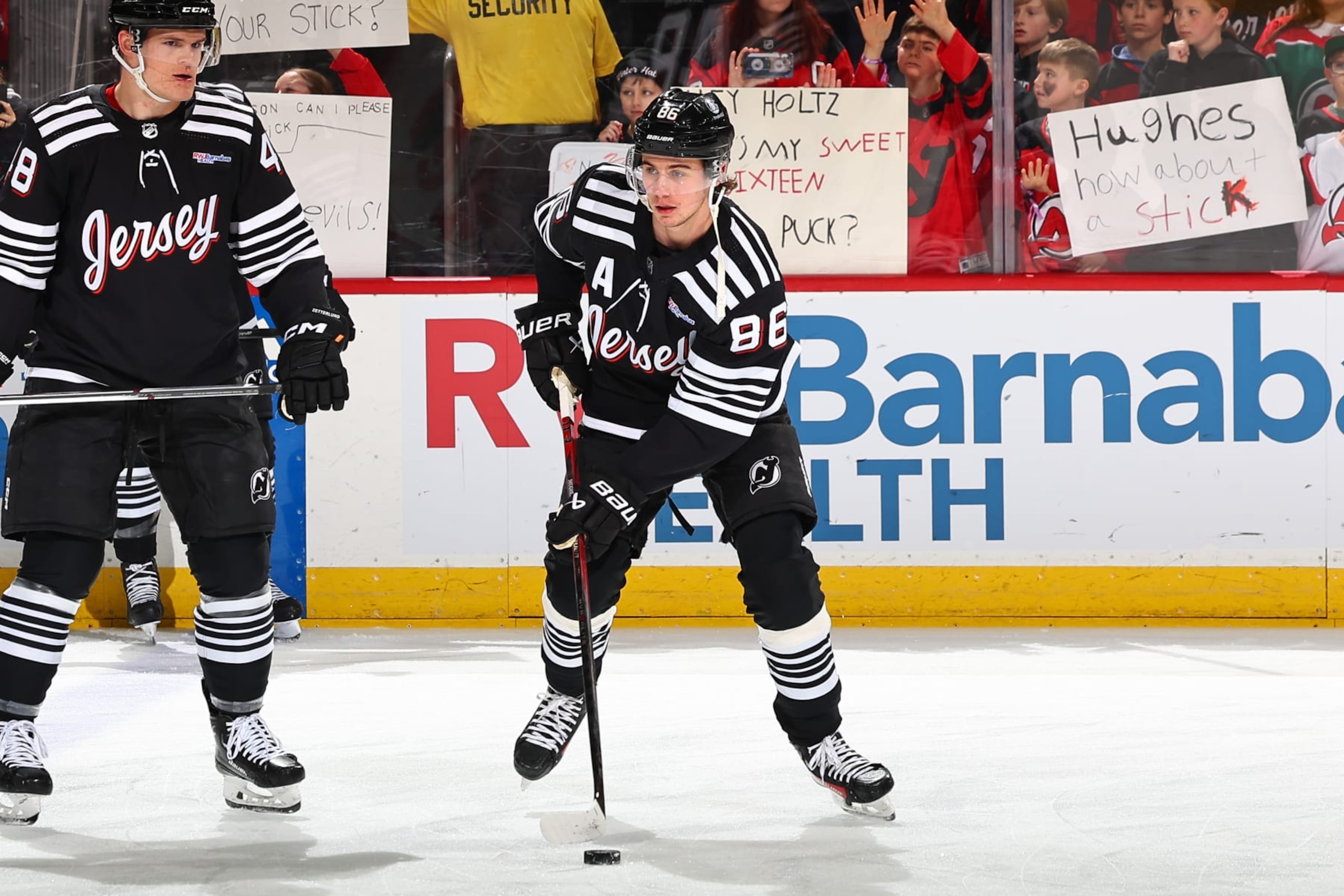 NEWARK, NJ - APRIL 07:  Jack Hughes #86 of the New Jersey Devils skates during warm up prior to the game against the Nashville Predators at the Prudential Center on April 7, 2024 in Newark, New Jersey.  (Photo by Rich Graessle/NHLI via Getty Images)