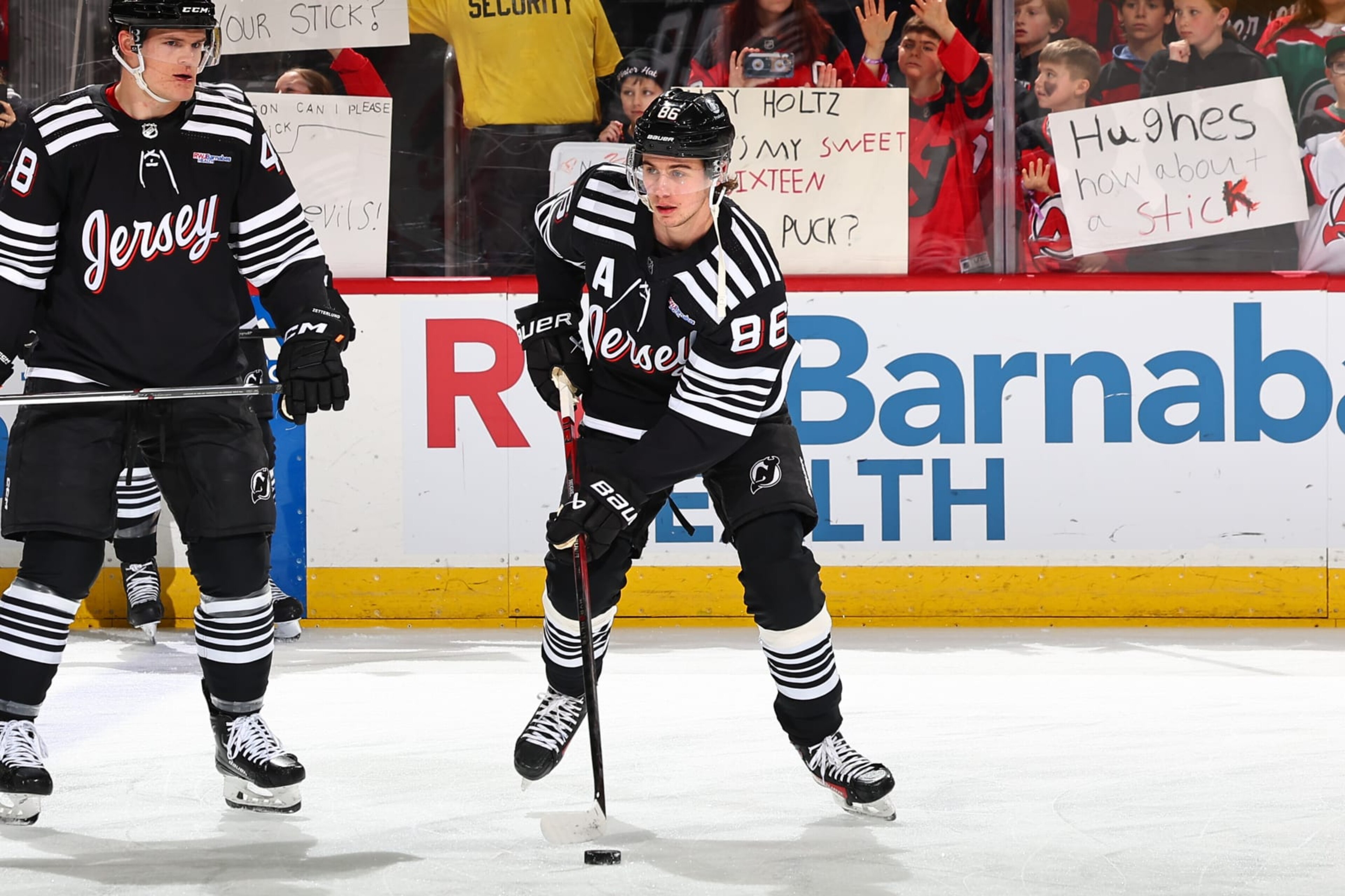 NEWARK, NJ - APRIL 07:  Jack Hughes #86 of the New Jersey Devils skates during warm up prior to the game against the Nashville Predators at the Prudential Center on April 7, 2024 in Newark, New Jersey.  (Photo by Rich Graessle/NHLI via Getty Images)