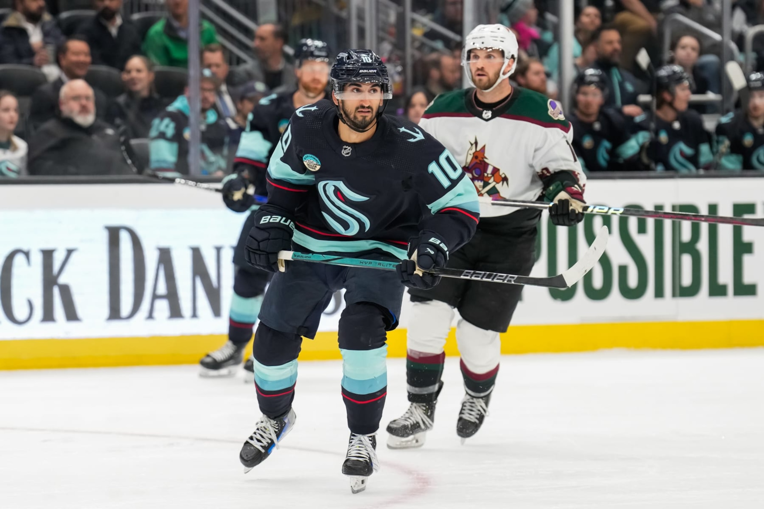 SEATTLE, WASHINGTON - APRIL 09: Matty Beniers #10 of the Seattle Kraken skates during the second period of a game against the Arizona Coyotes at Climate Pledge Arena on April 09, 2024 in Seattle, Washington. (Photo by Christopher Mast/NHLI via Getty Images)
