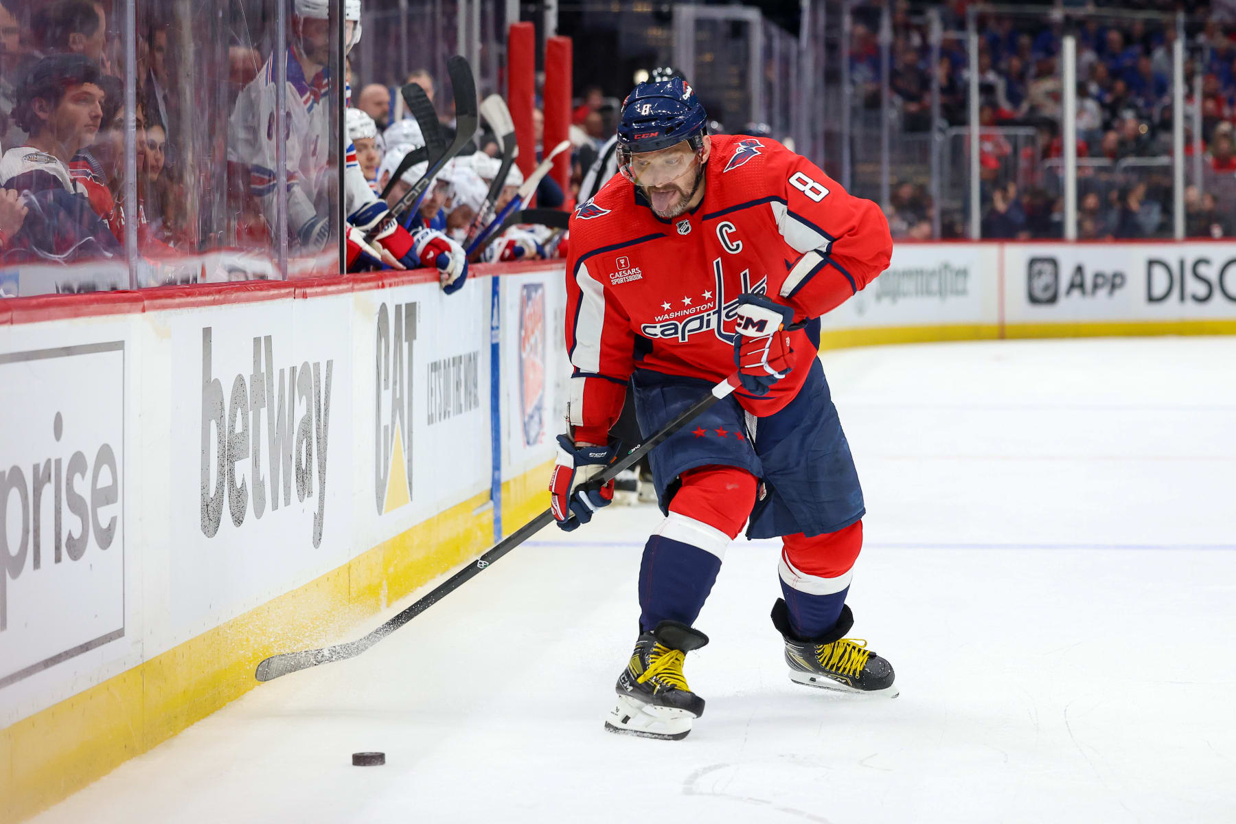 WASHINGTON, DC - APRIL 28: Alex Ovechkin #8 of the Washington Capitals takes a shot on goal in Game Four of the First Round of the 2024 Stanley Cup Playoffs against the New York Rangers at Capital One Arena on April 28, 2024 in Washington, D.C. (Photo by John McCreary/NHLI via Getty Images)