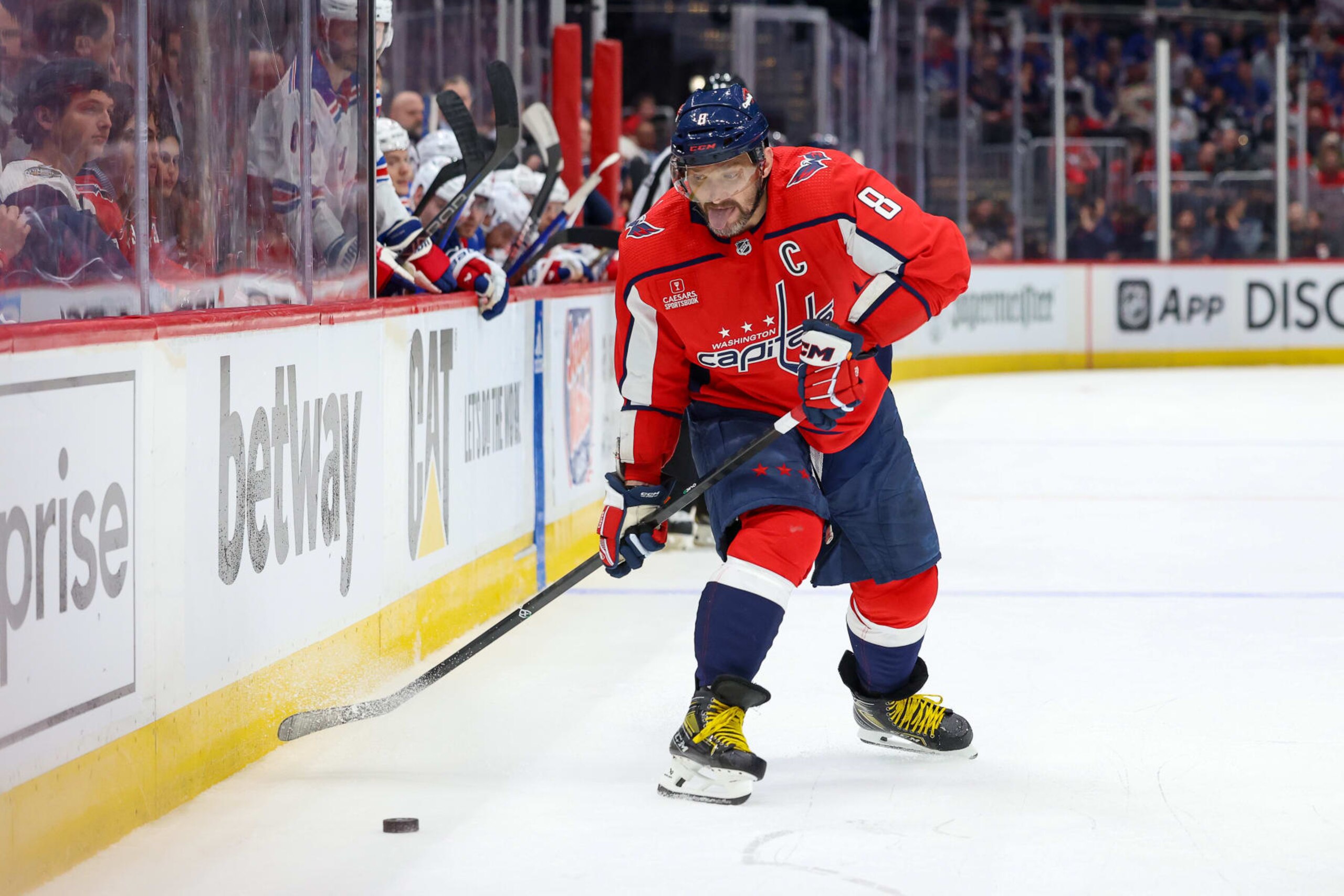 WASHINGTON, DC - APRIL 28: Alex Ovechkin #8 of the Washington Capitals takes a shot on goal in Game Four of the First Round of the 2024 Stanley Cup Playoffs against the New York Rangers at Capital One Arena on April 28, 2024 in Washington, D.C. (Photo by John McCreary/NHLI via Getty Images)
