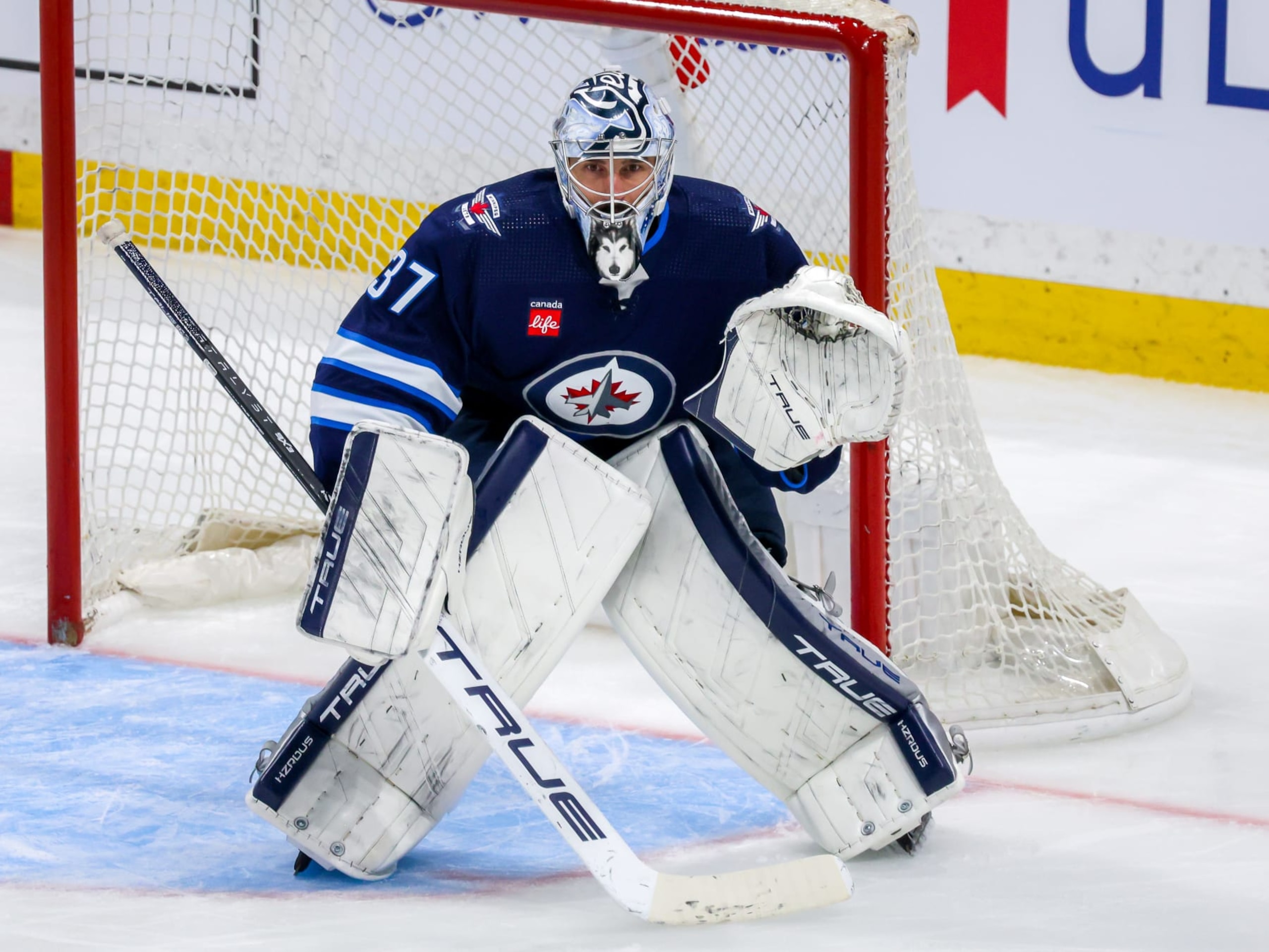 WINNIPEG, CANADA - APRIL 30: Goaltender Connor Hellebuyck #37 of the Winnipeg Jets guards the net during third period action against the Colorado Avalanche in Game Five of the First Round of the 2024 Stanley Cup Playoffs at Canada Life Centre on April 30, 2024 in Winnipeg, Manitoba, Canada. (Photo by Jonathan Kozub/NHLI via Getty Images)