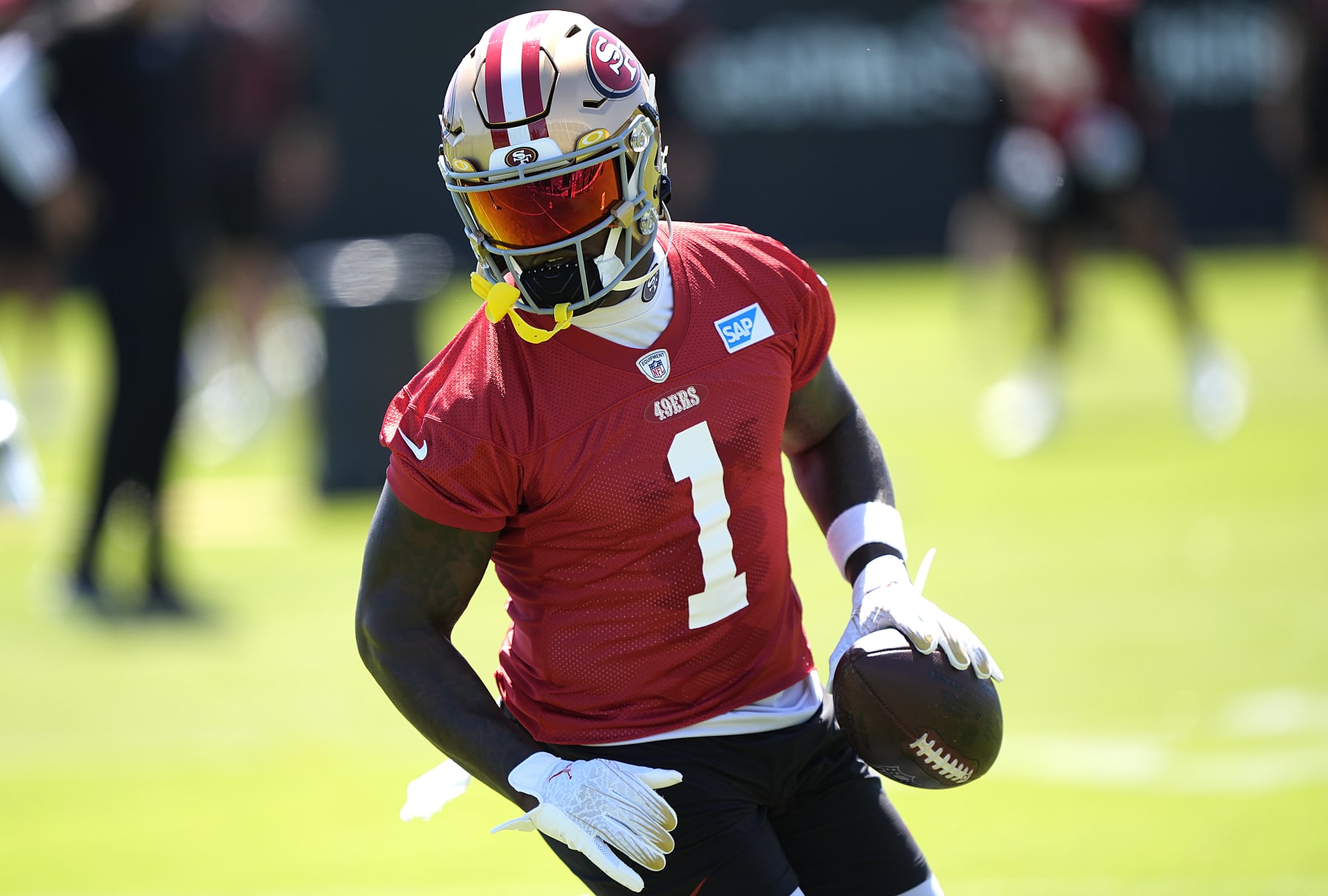 SANTA CLARA, CALIFORNIA - JUNE 05: Deebo Samuel #1 of the San Francisco 49ers works out during mini camp on June 05, 2024 in Santa Clara, California. (Photo by Thearon W. Henderson/Getty Images)