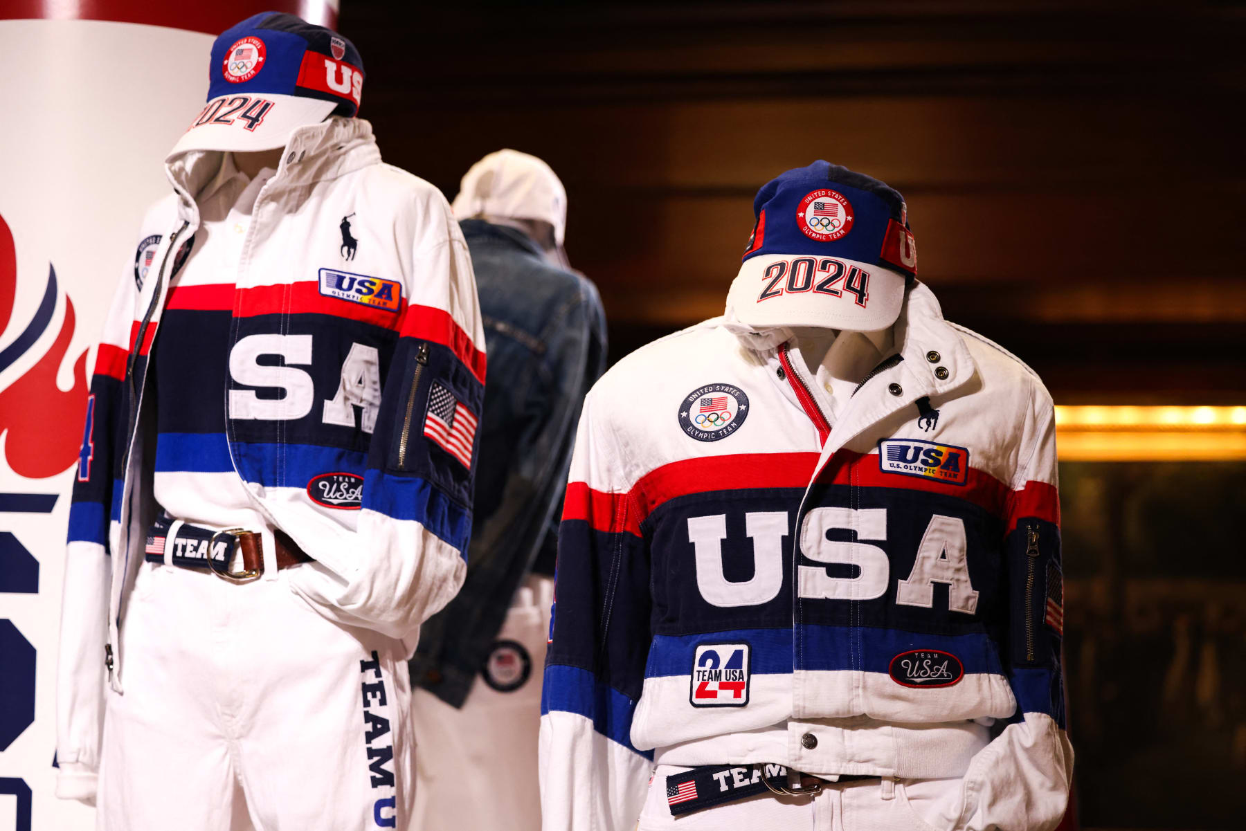 Team USA outfits for the upcoming 2024 Paris Olympic Games, including opening and closing ceremony apparel, are displayed at the Ralph Lauren Madison avenue headquarters in New York on June 17, 2024. (Photo by Charly TRIBALLEAU / AFP) (Photo by CHARLY TRIBALLEAU/AFP via Getty Images)