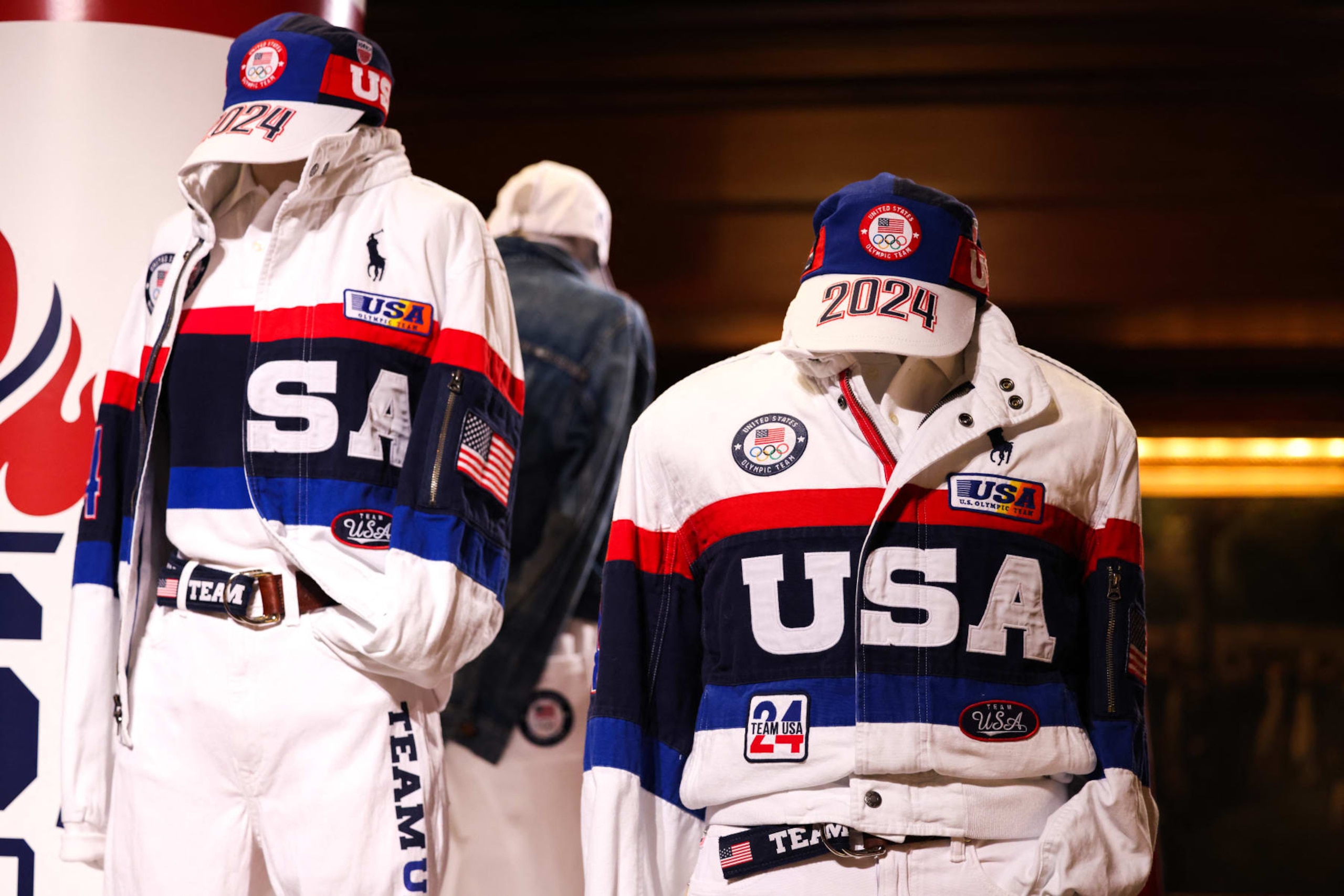 Team USA outfits for the upcoming 2024 Paris Olympic Games, including opening and closing ceremony apparel, are displayed at the Ralph Lauren Madison avenue headquarters in New York on June 17, 2024. (Photo by Charly TRIBALLEAU / AFP) (Photo by CHARLY TRIBALLEAU/AFP via Getty Images) Team USA outfits for the upcoming 2024 Paris Olympic Games, including opening and closing ceremony apparel, are displayed at the Ralph Lauren Madison avenue headquarters in New York on June 17, 2024. (Photo by Charly TRIBALLEAU / AFP) (Photo by CHARLY TRIBALLEAU/AFP via Getty Images)