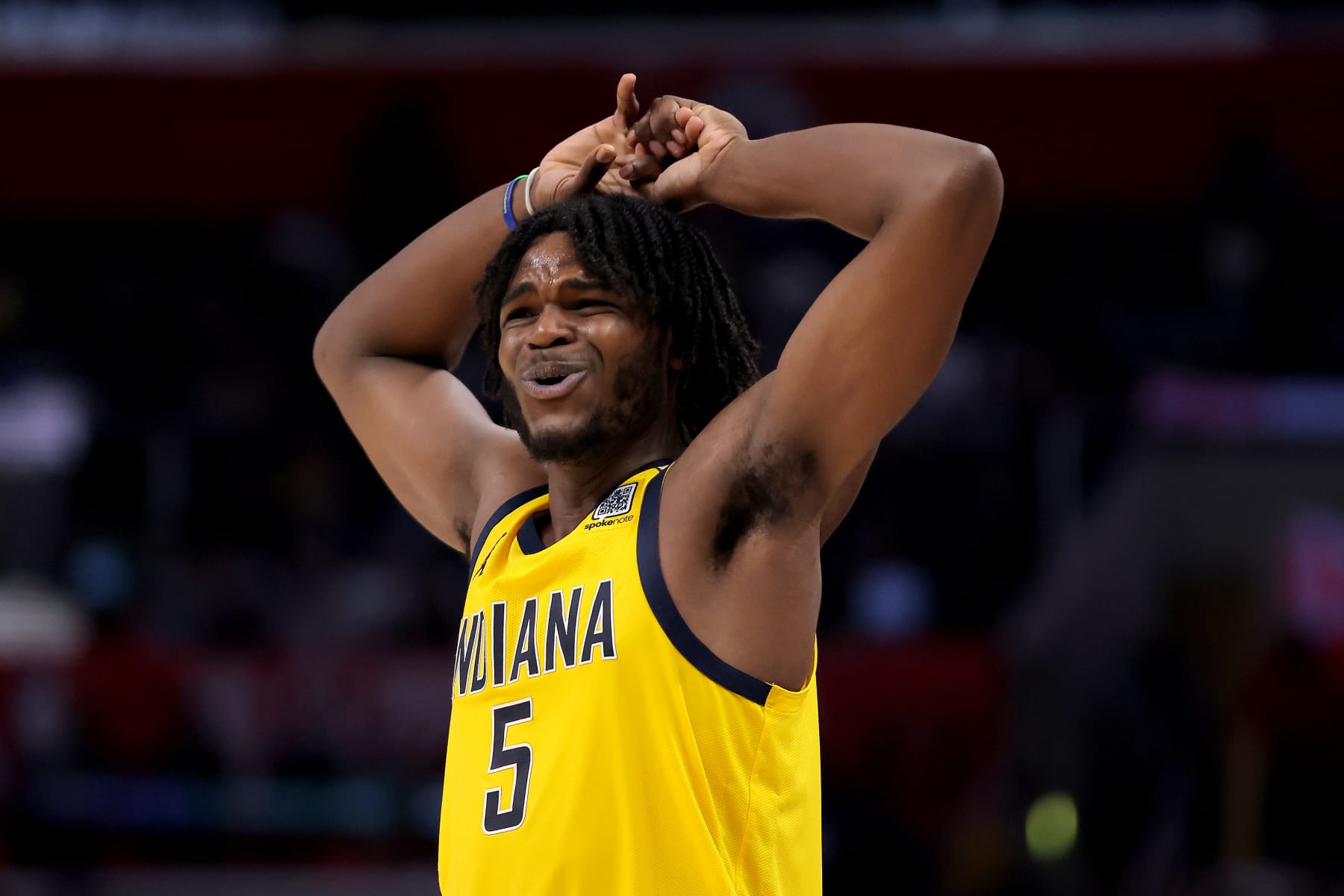 LOS ANGELES, CALIFORNIA - MARCH 25: Jarace Walker #5 of the Indiana Pacers reacts to a call during the fourth quarter against the Los Angeles Clippers at Crypto.com Arena on March 25, 2024 in Los Angeles, California. NOTE TO USER: User expressly acknowledges and agrees that, by downloading and or using this photograph, User is consenting to the terms and conditions of the Getty Images License Agreement. (Photo by Katelyn Mulcahy/Getty Images)