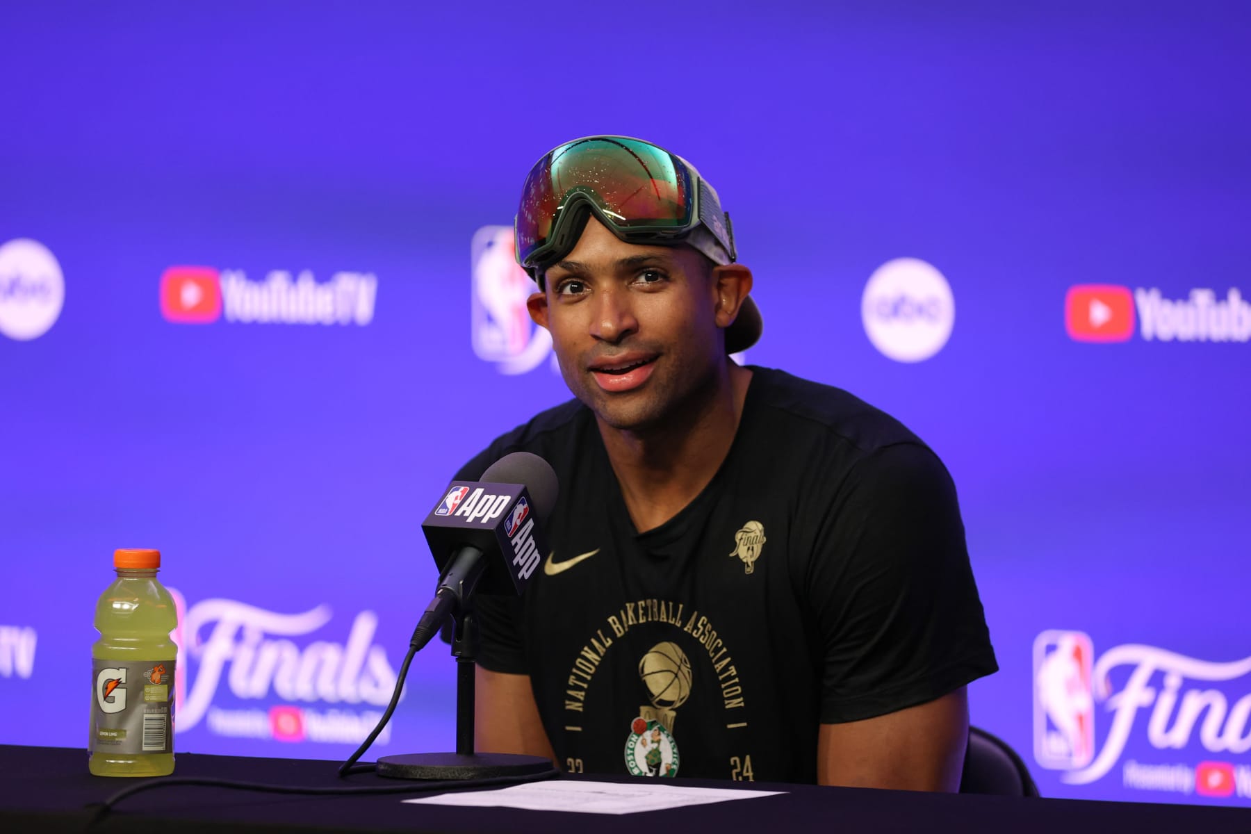 BOSTON, MA - JUNE 17: Al Horford #42 of the Boston Celtics talks to the media after the game against the Dallas Mavericks during Game 5 of the 2024 NBA Finals on June 17, 2024 at the TD Garden in Boston, Massachusetts. NOTE TO USER: User expressly acknowledges and agrees that, by downloading and or using this photograph, User is consenting to the terms and conditions of the Getty Images License Agreement. Mandatory Copyright Notice: Copyright 2024 NBAE  (Photo by Stephen Gosling/NBAE via Getty Images)