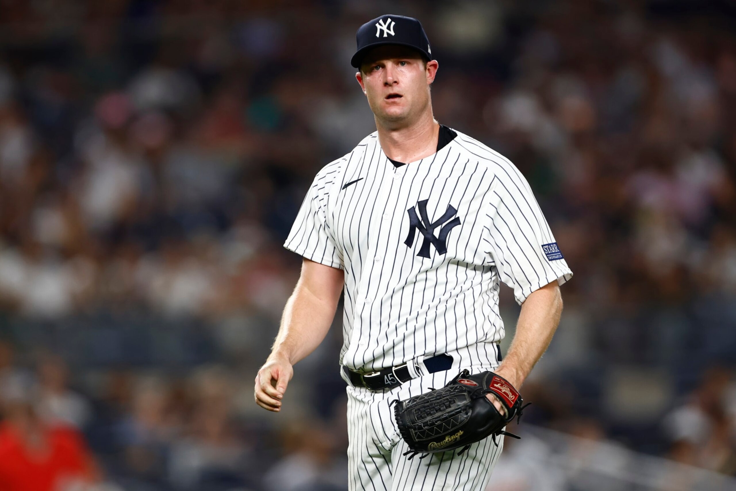NEW YORK, NEW YORK - SEPTEMBER 5: Pitcher Gerrit Cole #45 of the New York Yankees walks off the mound after the sixth inning of a game against the Detroit Tigers at Yankee Stadium on September 5, 2023 in New York City. The Yankees defeated the Tigers 5-1. (Photo by Rich Schultz/Getty Images)