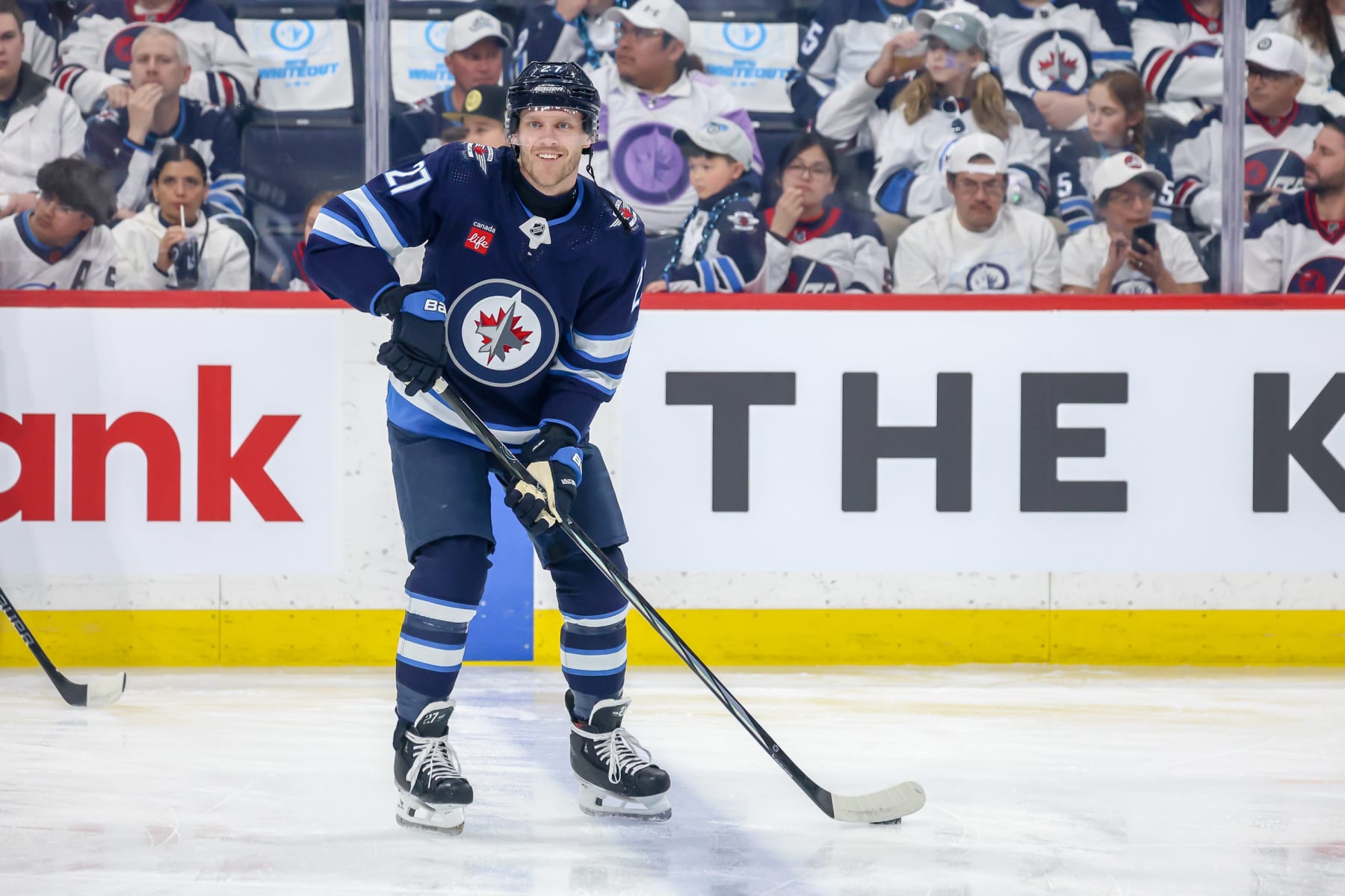 WINNIPEG, CANADA - APRIL 30: Nikolaj Ehlers #27 of the Winnipeg Jets takes part in the pre-game warm up prior to NHL action against the Colorado Avalanche in Game Five of the First Round of the 2024 Stanley Cup Playoffs at the Canada Life Centre on April 30, 2024 in Winnipeg, Manitoba, Canada. (Photo by Jonathan Kozub/NHLI via Getty Images)