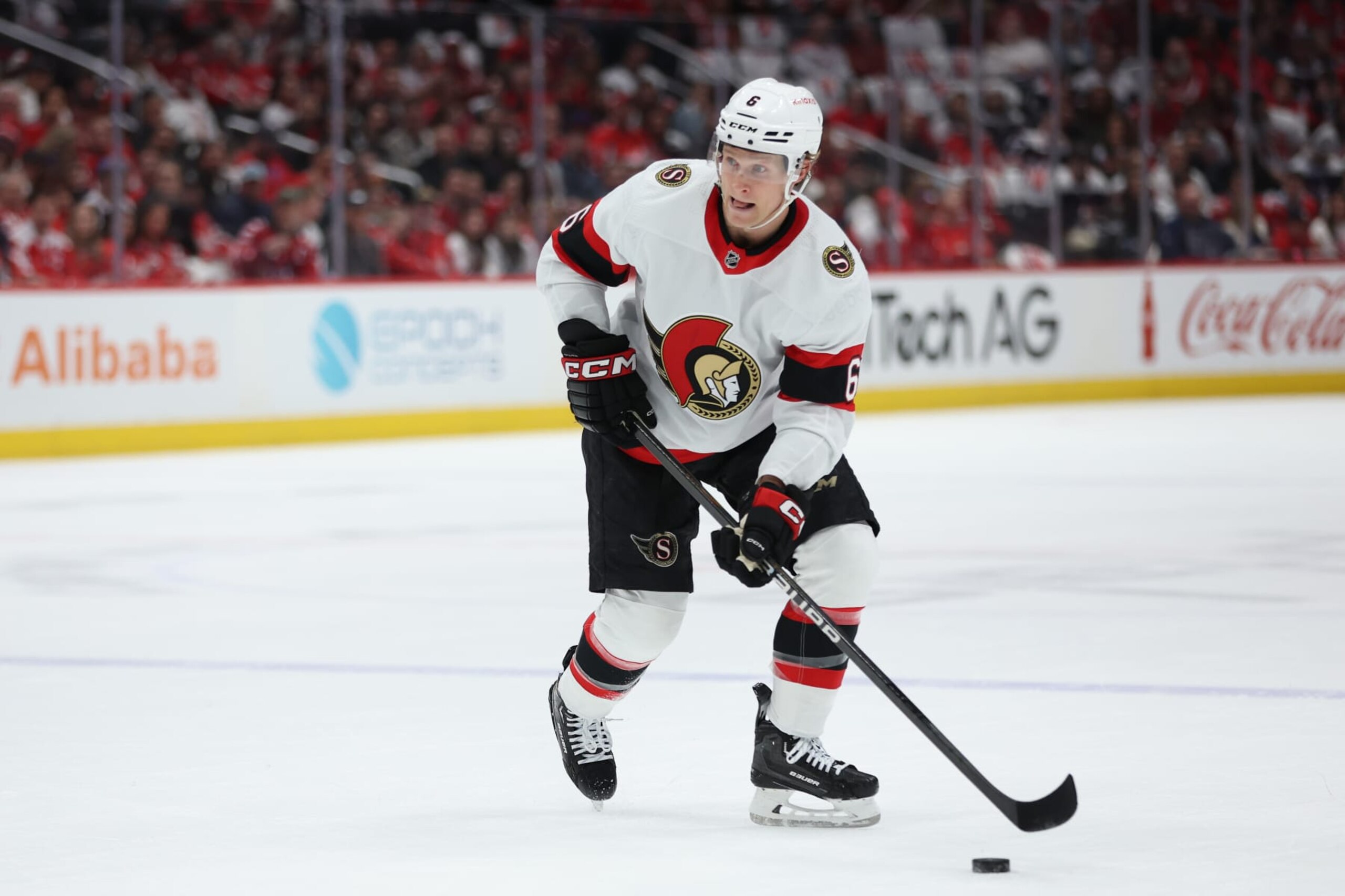 WASHINGTON, DC - APRIL 07: Jakob Chychrun #6 of the Ottawa Senators skates against the Washington Capitals during the first period at Capital One Arena on April 07, 2024 in Washington, DC. (Photo by Patrick Smith/Getty Images)