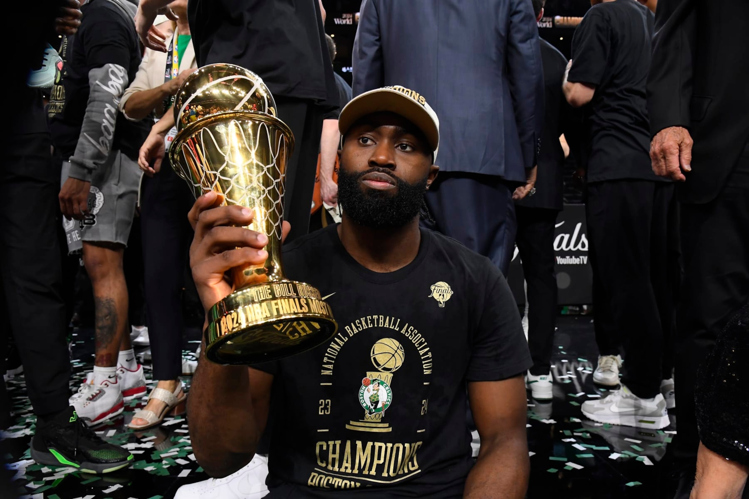 BOSTON, MA - JUNE 17: Jaylen Brown #7 of the Boston Celtics receives the Bill Russell Finals MVP award after the game against the Dallas Mavericks during Game 5 of the 2024 NBA Finals on June 17, 2024 at the TD Garden in Boston, Massachusetts. NOTE TO USER: User expressly acknowledges and agrees that, by downloading and or using this photograph, User is consenting to the terms and conditions of the Getty Images License Agreement. Mandatory Copyright Notice: Copyright 2024 NBAE (Photo by Brian Babineau/NBAE via Getty Images) BOSTON, MA - JUNE 17: Jaylen Brown #7 of the Boston Celtics receives the Bill Russell Finals MVP award after the game against the Dallas Mavericks during Game 5 of the 2024 NBA Finals on June 17, 2024 at the TD Garden in Boston, Massachusetts. NOTE TO USER: User expressly acknowledges and agrees that, by downloading and or using this photograph, User is consenting to the terms and conditions of the Getty Images License Agreement. Mandatory Copyright Notice: Copyright 2024 NBAE (Photo by Brian Babineau/NBAE via Getty Images)