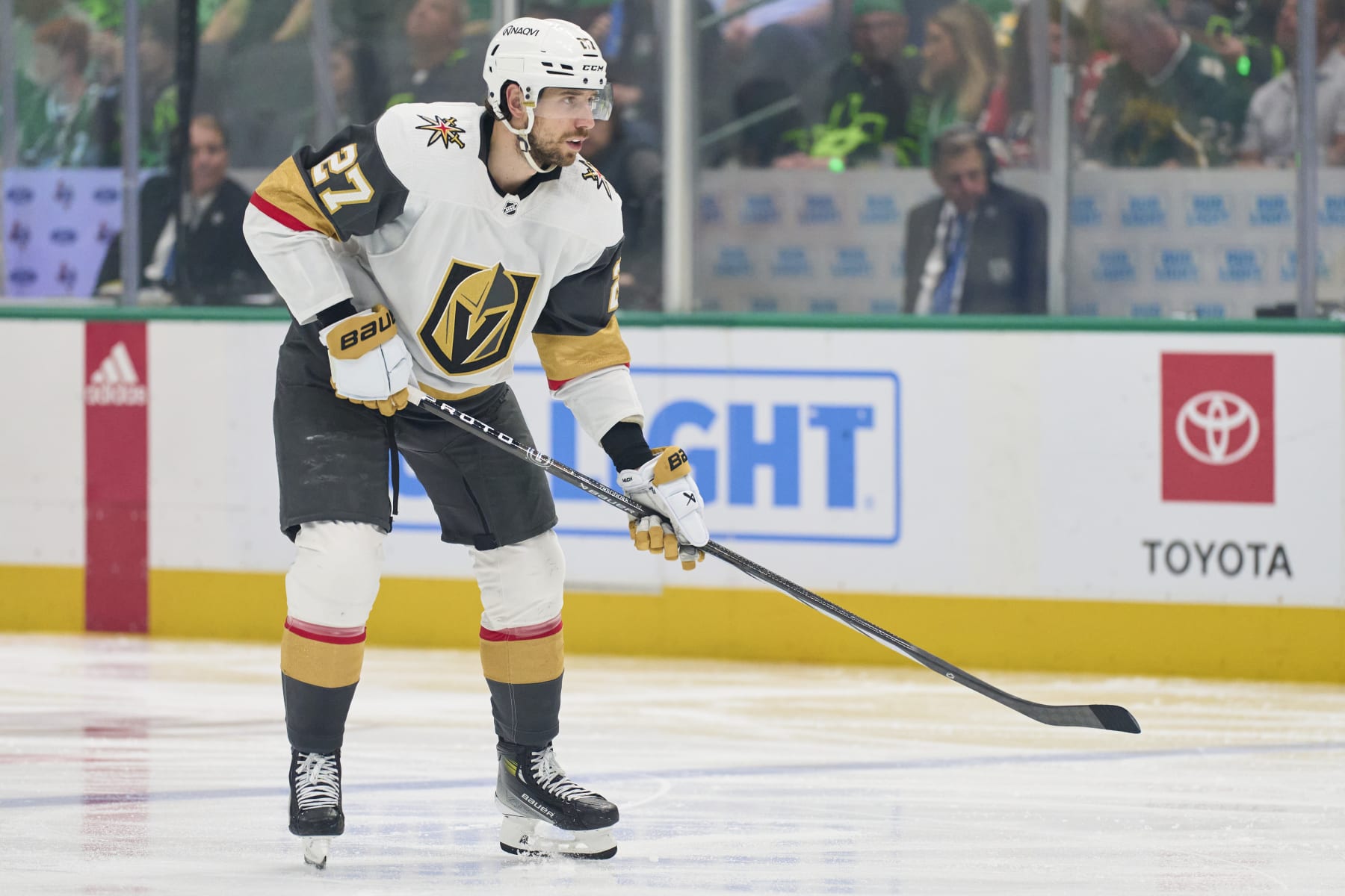 DALLAS, TEXAS - MAY 05: Shea Theodore #27 of the Vegas Golden Knights looks on against the Dallas Stars in Game Seven of the First Round of the 2024 Stanley Cup Playoffs at the American Airlines Center on May 5, 2024 in Dallas, Texas.  (Photo by Cooper Neill/Getty Images)
