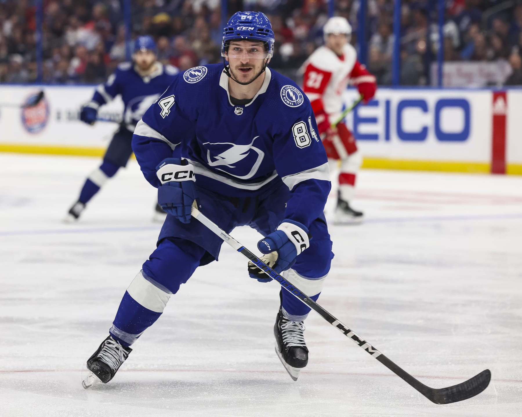 TAMPA, FL - APRIL 1: Tanner Jeannot #84 of the Tampa Bay Lightning against the Detroit Red Wings during the second period at Amalie Arena on April 1, 2024 in Tampa, Florida. (Photo by Mike Carlson/NHLI via Getty Images)