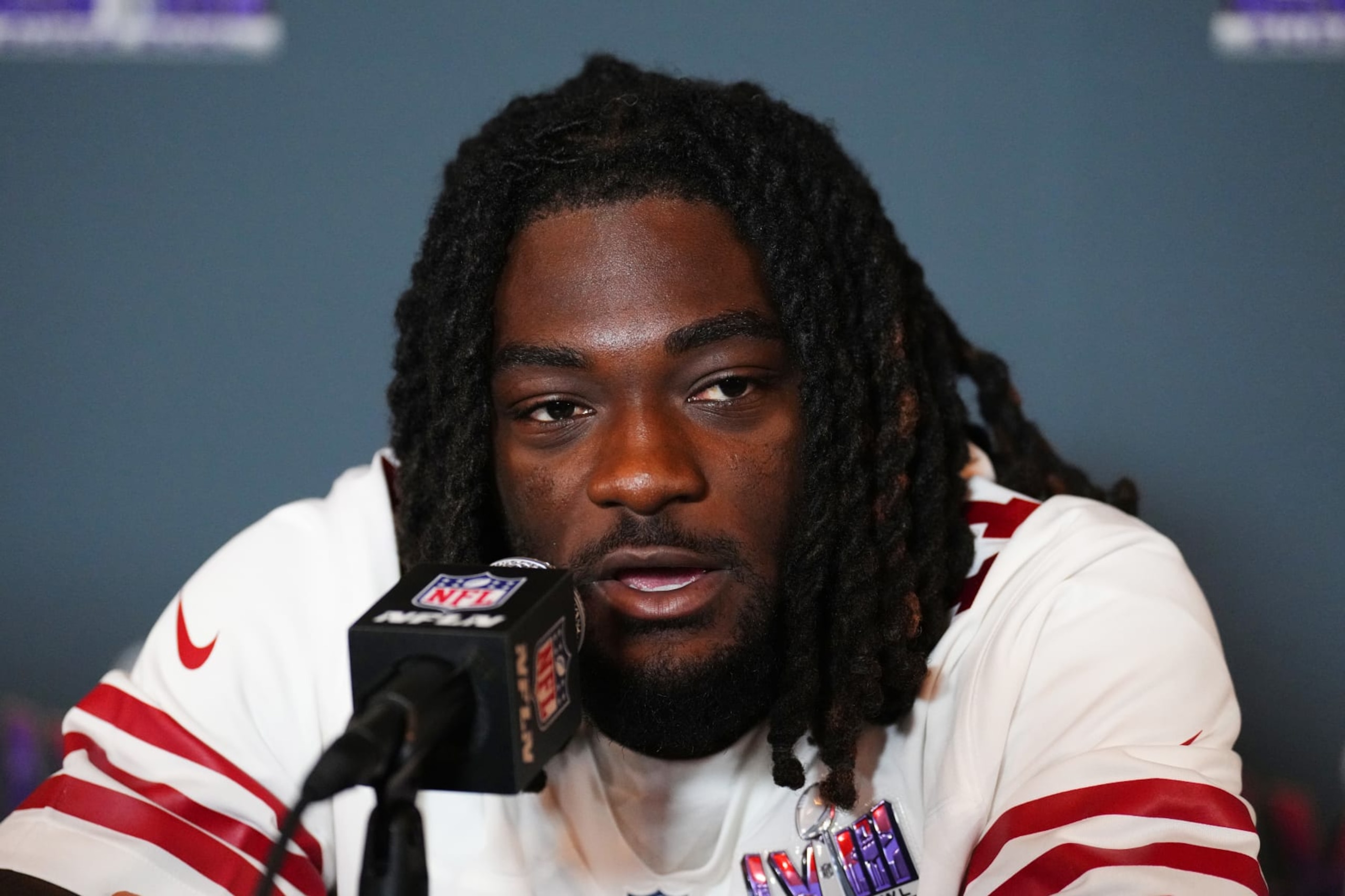 HENDERSON, NEVADA - FEBRUARY 07:  Brandon Aiyuk #11 speaks to the media during San Francisco 49ers media availability ahead of Super Bowl LVIII at Hilton Lake Las Vegas Resort and Spa on February 07, 2024 in Henderson, Nevada. (Photo by Chris Unger/Getty Images)