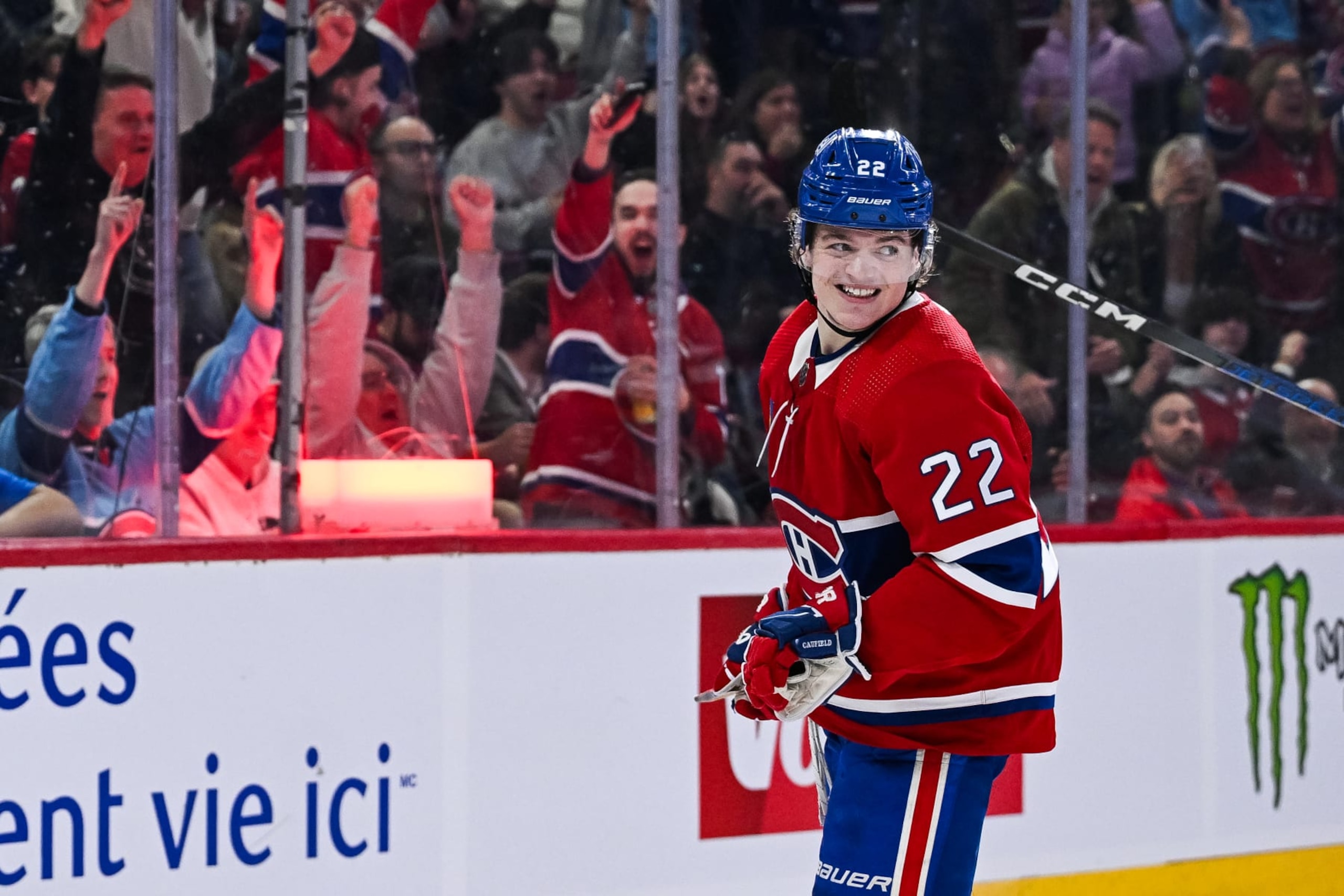 MONTREAL, QC - APRIL 16: Montreal Canadiens right wing Cole Caufield (22) reacts after scoring a goal during the Detroit Red Wings versus the Montreal Canadiens game on April 16, 2024, at Bell Centre in Montreal, QC (Photo by David Kirouac/Icon Sportswire via Getty Images) MONTREAL, QC - APRIL 16: Montreal Canadiens right wing Cole Caufield (22) reacts after scoring a goal during the Detroit Red Wings versus the Montreal Canadiens game on April 16, 2024, at Bell Centre in Montreal, QC (Photo by David Kirouac/Icon Sportswire via Getty Images)