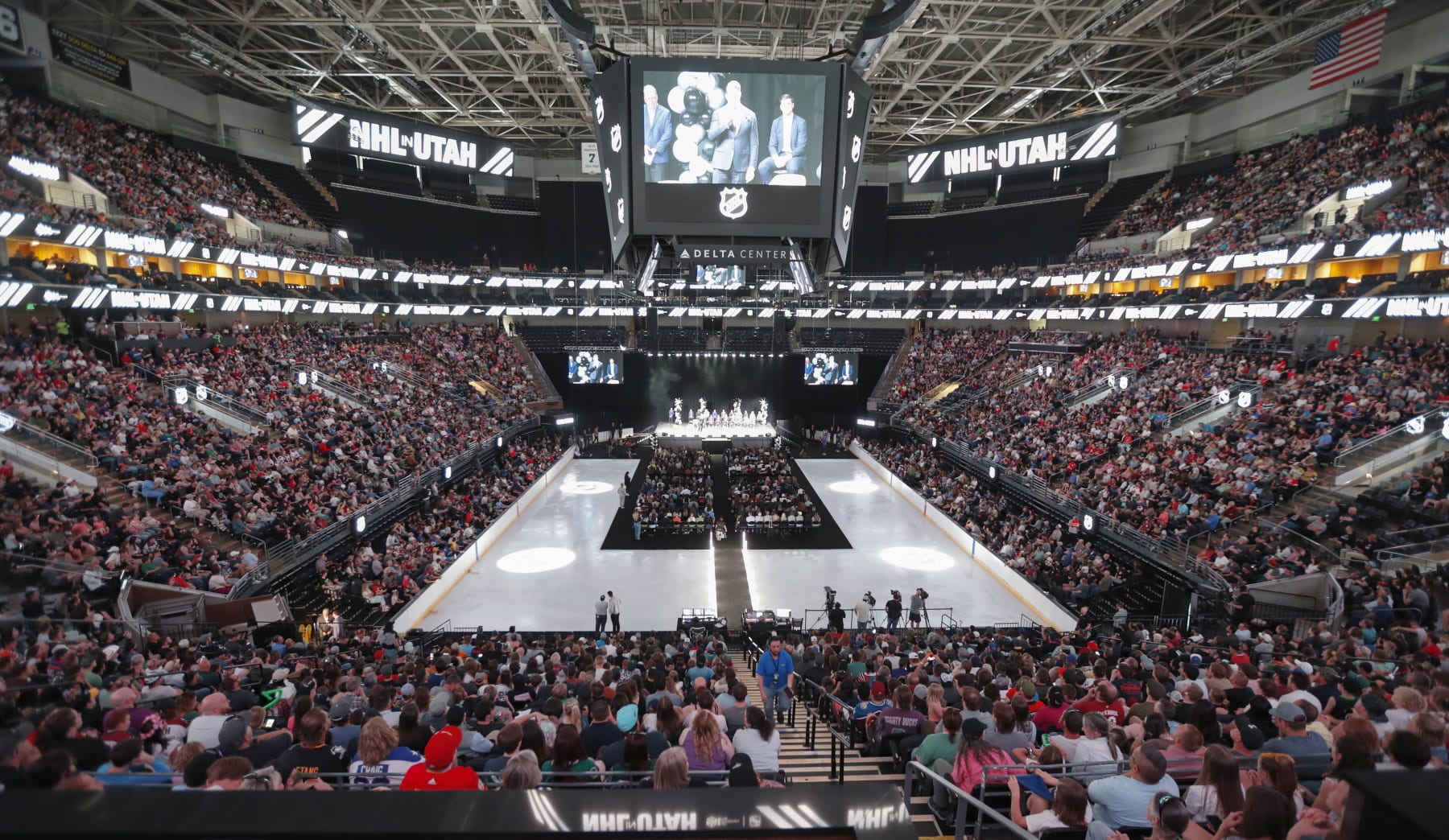 SALT LAKE CITY, UT - APRIL 24:  A general view is seen as the yet to be named NHL Utah hockey team players are introduced to the fans at the sold out Delta Center on April 24, 2024 in Salt Lake City, Utah. The NHL has allowed the sale of the Arizona Coyotes and the team will relocate to Salt Lake City, Utah.(Photo by Chris Gardner/Getty Images)