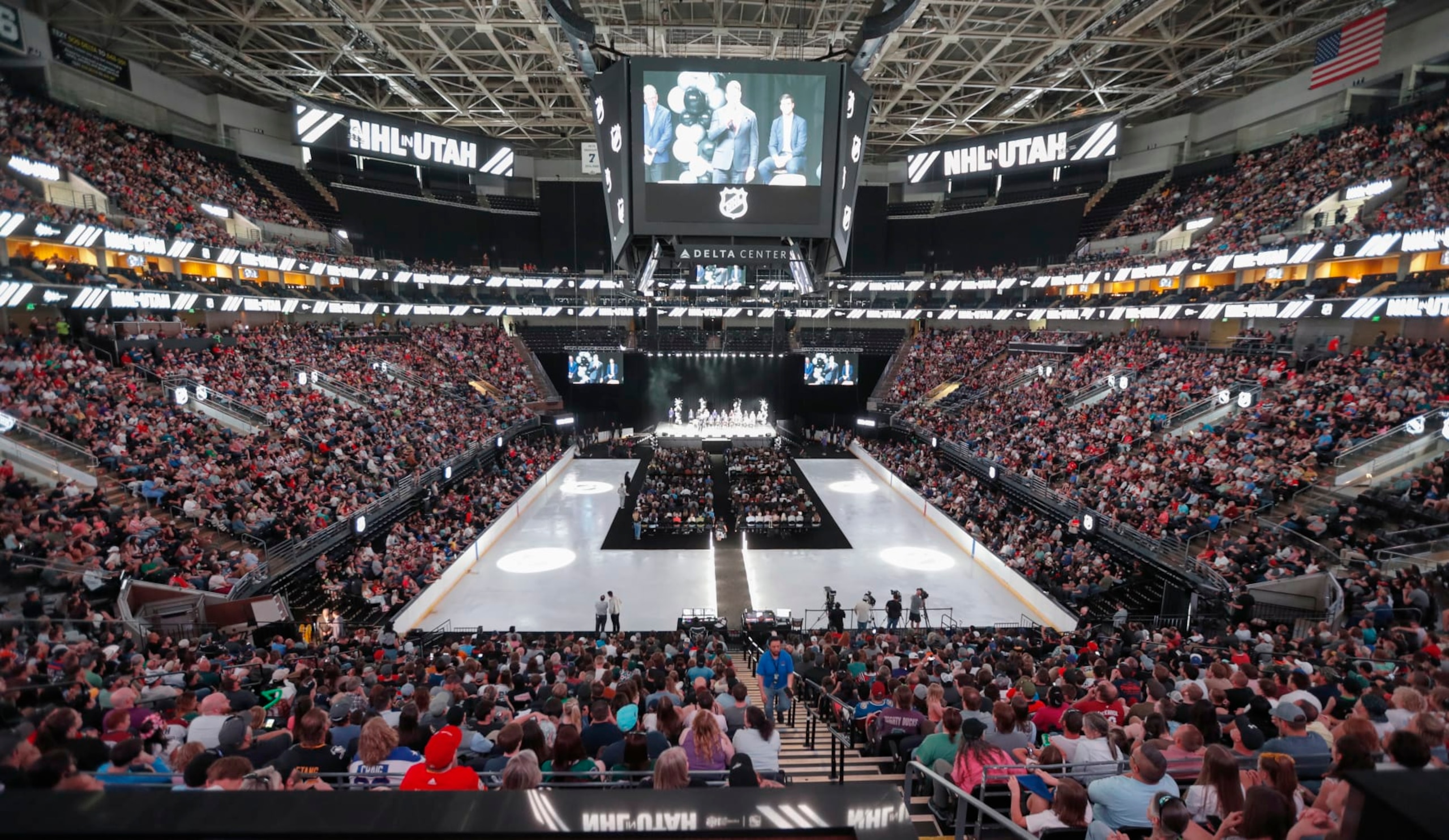 SALT LAKE CITY, UT - APRIL 24: A general view is seen as the yet to be named NHL Utah hockey team players are introduced to the fans at the sold out Delta Center on April 24, 2024 in Salt Lake City, Utah. The NHL has allowed the sale of the Arizona Coyotes and the team will relocate to Salt Lake City, Utah.(Photo by Chris Gardner/Getty Images) SALT LAKE CITY, UT - APRIL 24: A general view is seen as the yet to be named NHL Utah hockey team players are introduced to the fans at the sold out Delta Center on April 24, 2024 in Salt Lake City, Utah. The NHL has allowed the sale of the Arizona Coyotes and the team will relocate to Salt Lake City, Utah.(Photo by Chris Gardner/Getty Images)