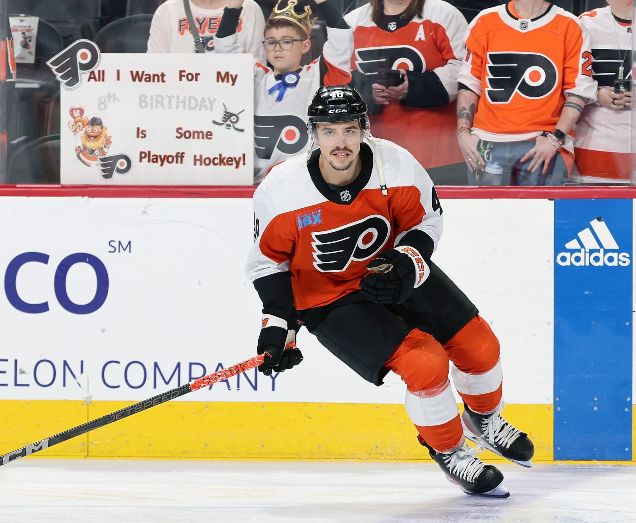 PHILADELPHIA, PENNSYLVANIA - APRIL 16: Morgan Frost #48 of the Philadelphia Flyers skates during warm-ups prior to his game against the Washington Capitals at the Wells Fargo Center on April 16, 2024 in Philadelphia, Pennsylvania. (Photo by Len Redkoles/NHLI via Getty Images) PHILADELPHIA, PENNSYLVANIA - APRIL 16: Morgan Frost #48 of the Philadelphia Flyers skates during warm-ups prior to his game against the Washington Capitals at the Wells Fargo Center on April 16, 2024 in Philadelphia, Pennsylvania. (Photo by Len Redkoles/NHLI via Getty Images)