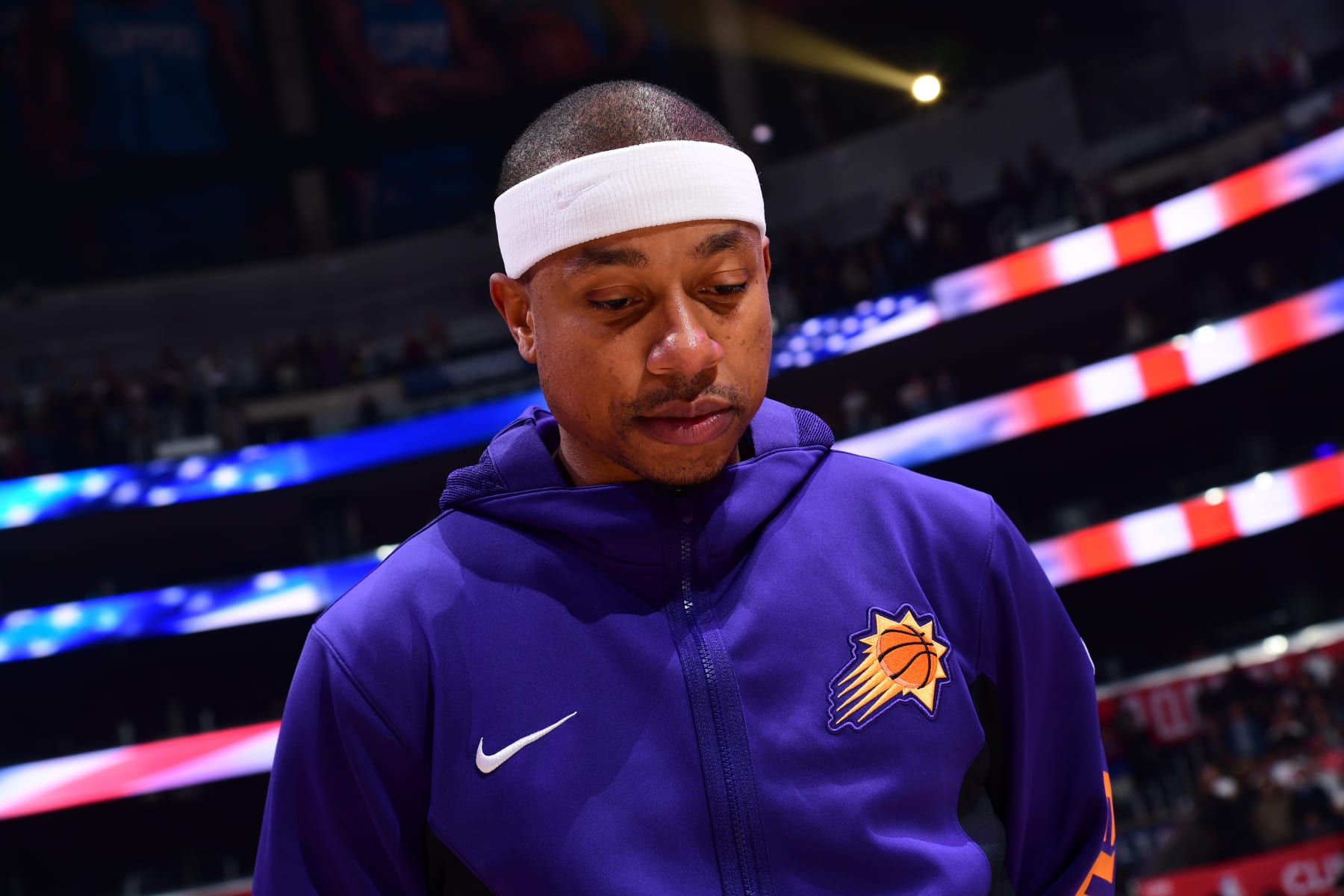 LOS ANGELES, CA - APRIL 10: Isaiah Thomas #4 of the Phoenix Suns stands for the National Anthem before the game against the LA Clippers on April 10, 2024 at Crypto.Com Arena in Los Angeles, California. NOTE TO USER: User expressly acknowledges and agrees that, by downloading and/or using this Photograph, user is consenting to the terms and conditions of the Getty Images License Agreement. Mandatory Copyright Notice: Copyright 2024 NBAE (Photo by Adam Pantozzi/NBAE via Getty Images)