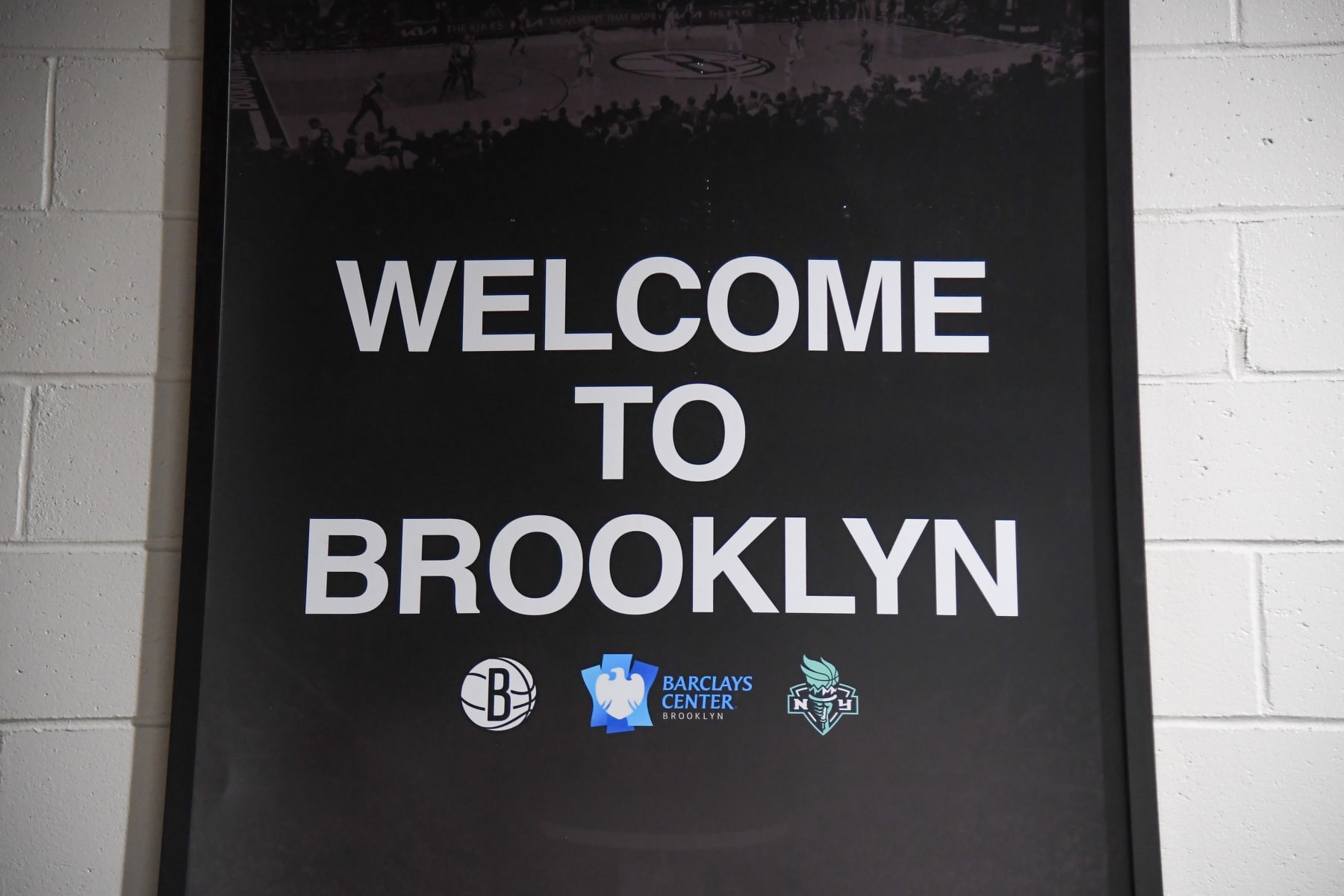 BROOKLYN, NY - JUNE 18: A general view of a "Welcome to Brooklyn" sign with the Brooklyn Nets and New York Liberty logo during a WNBA game between the Phoenix Mercury and the New York Liberty on June 18, 2023 at Barclays Center in Brooklyn, NY. (Photo by Erica Denhoff/Icon Sportswire via Getty Images)