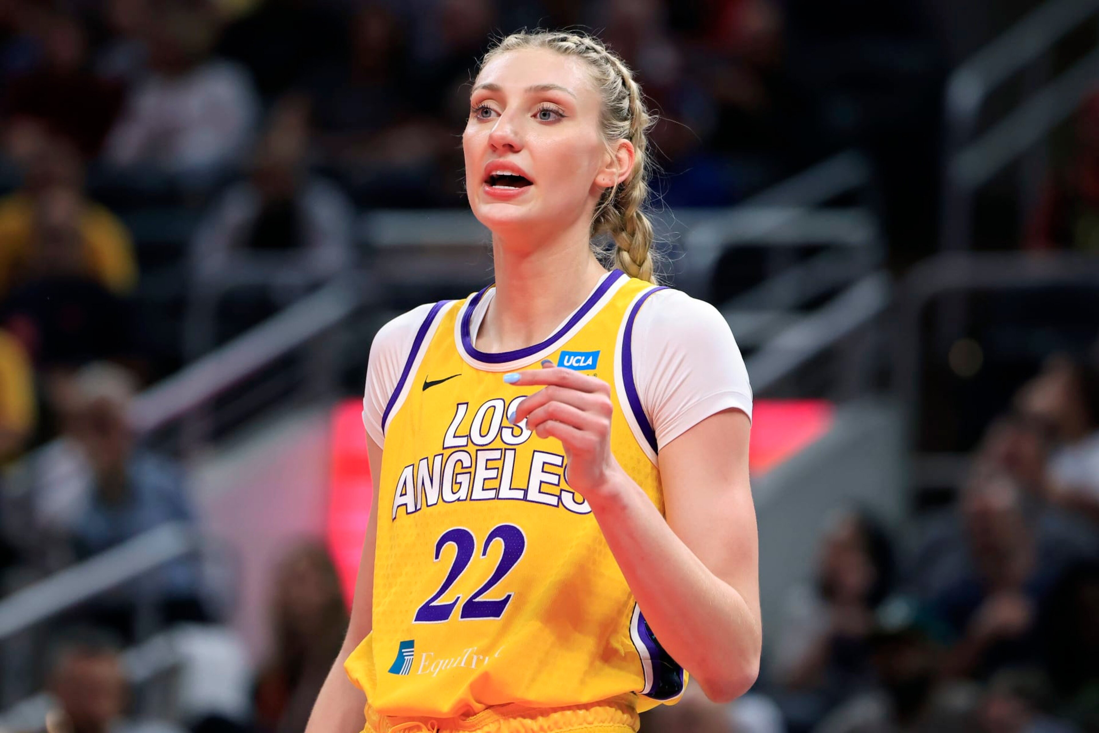 INDIANAPOLIS, INDIANA - MAY 28: Cameron Brink #22 of the Los Angeles Sparks reacts in the game wain at Gainbridge Fieldhouse on May 28, 2024 in Indianapolis, Indiana. (Photo by Justin Casterline/Getty Images) INDIANAPOLIS, INDIANA - MAY 28: Cameron Brink #22 of the Los Angeles Sparks reacts in the game wain at Gainbridge Fieldhouse on May 28, 2024 in Indianapolis, Indiana. (Photo by Justin Casterline/Getty Images)