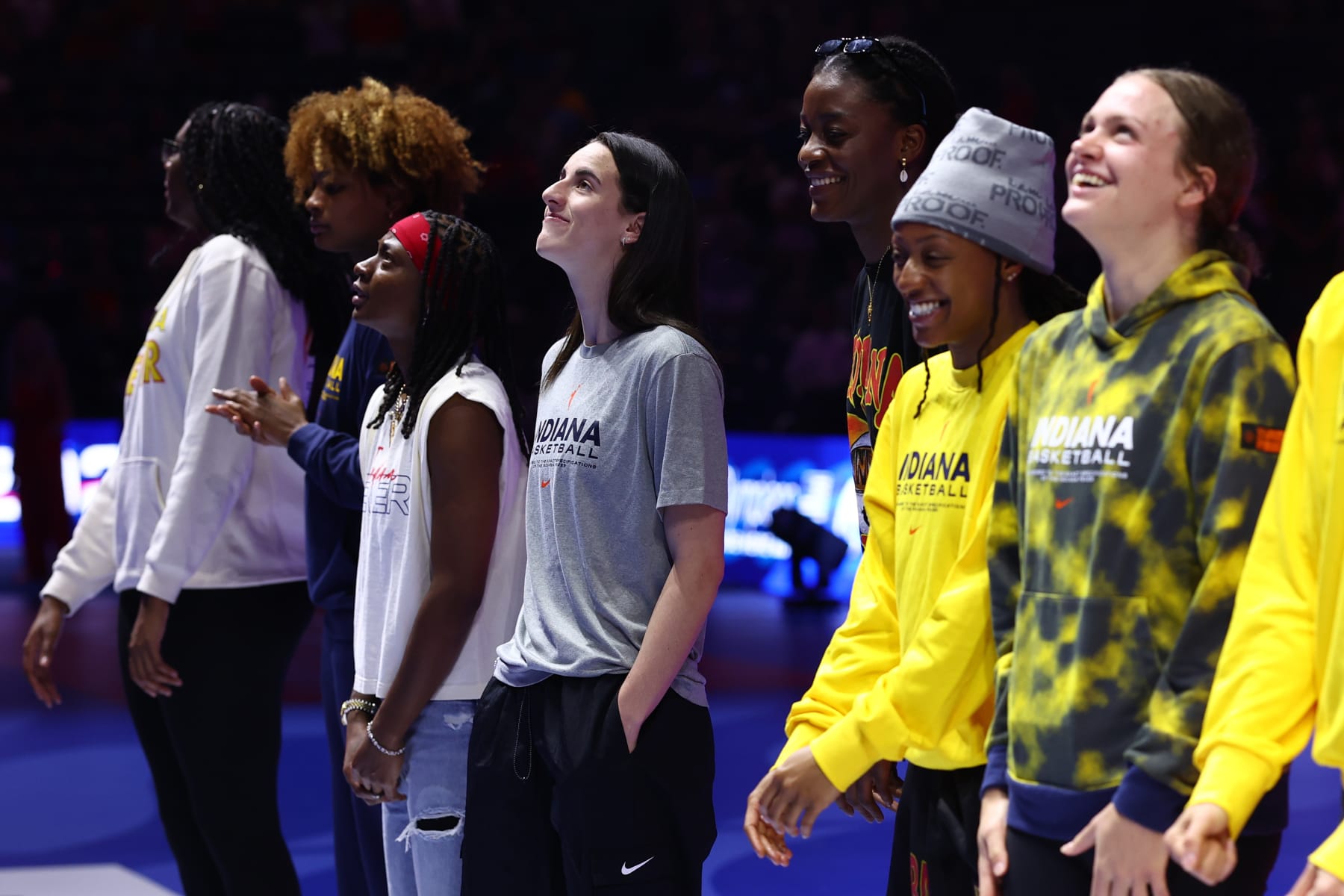 INDIANAPOLIS, INDIANA - JUNE 18: Caitlin Clark and the Indiana Fever are recognized before the evening session on Day Four of the 2024 U.S. Olympic Team Swimming Trials at Lucas Oil Stadium on June 18, 2024 in Indianapolis, Indiana. (Photo by Maddie Meyer/Getty Images)