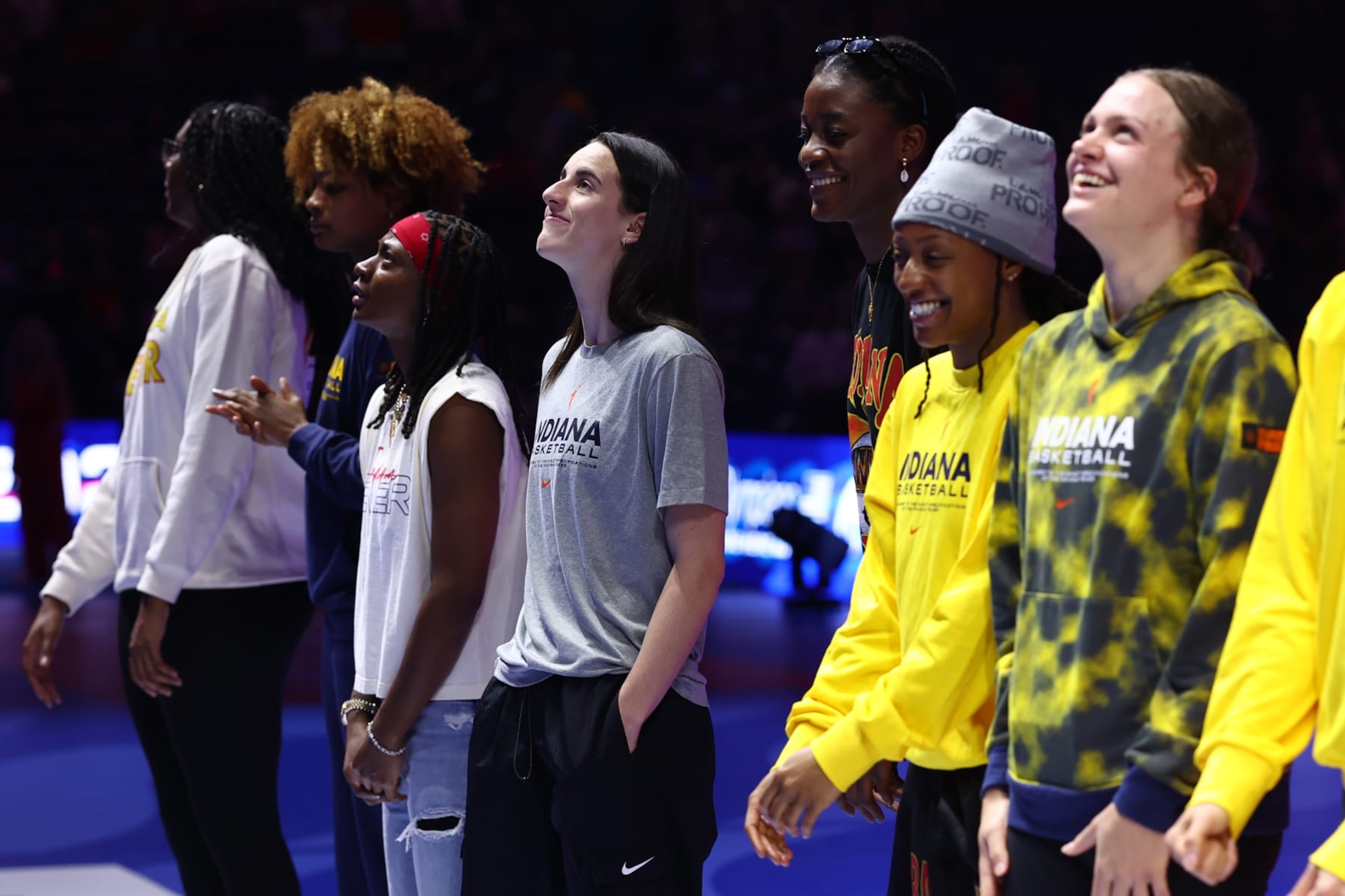 INDIANAPOLIS, INDIANA - JUNE 18: Caitlin Clark and the Indiana Fever are recognized before the evening session on Day Four of the 2024 U.S. Olympic Team Swimming Trials at Lucas Oil Stadium on June 18, 2024 in Indianapolis, Indiana. (Photo by Maddie Meyer/Getty Images)